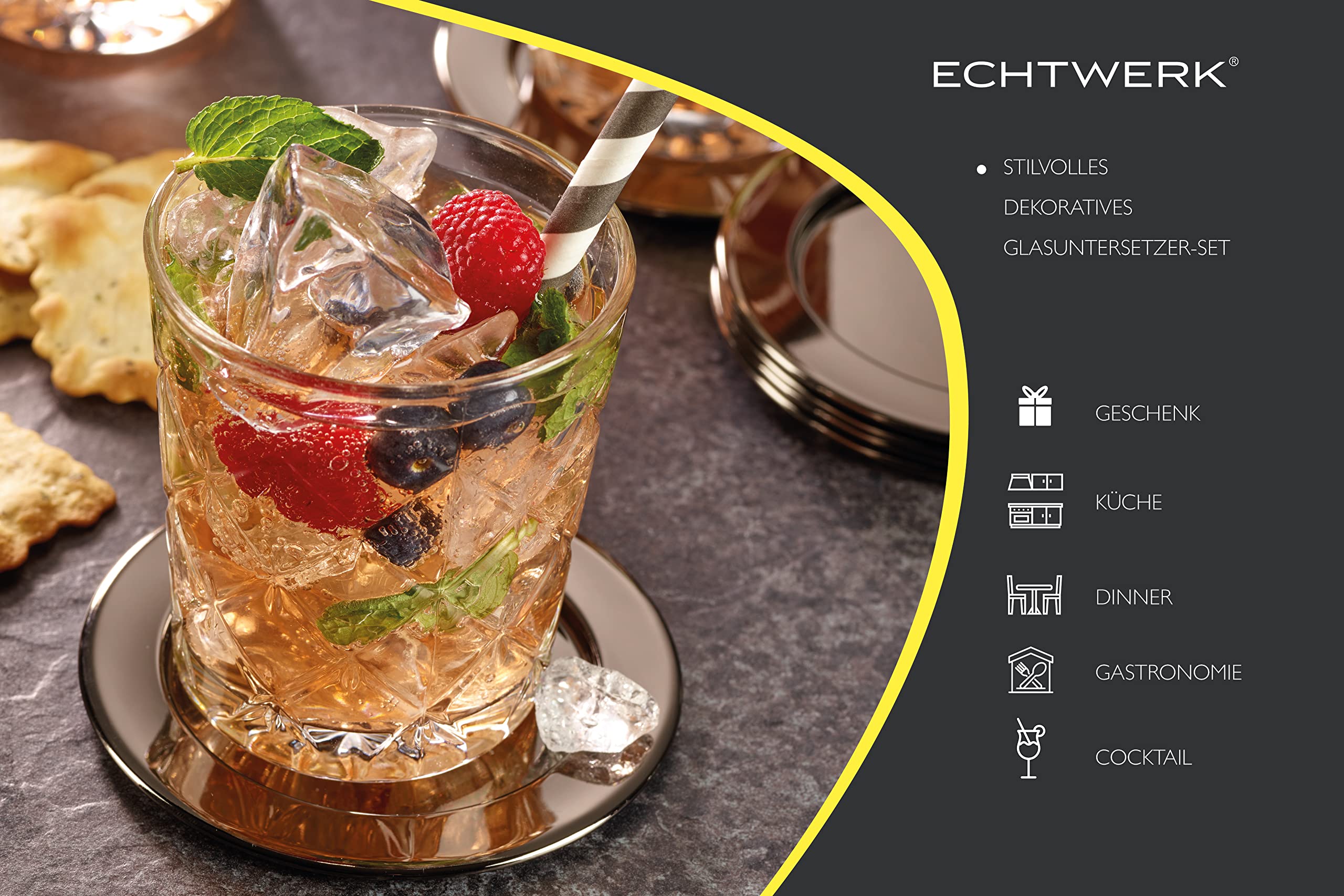 ECHTWERK Set di sottobicchieri in acciaio inox, sottobicchieri, portabicchieri, sottobicchieri rotondi per vetro, tazze, vasi, candele, antigraffio, Ø circa 8 cm, edizione nera, 6 pezzi