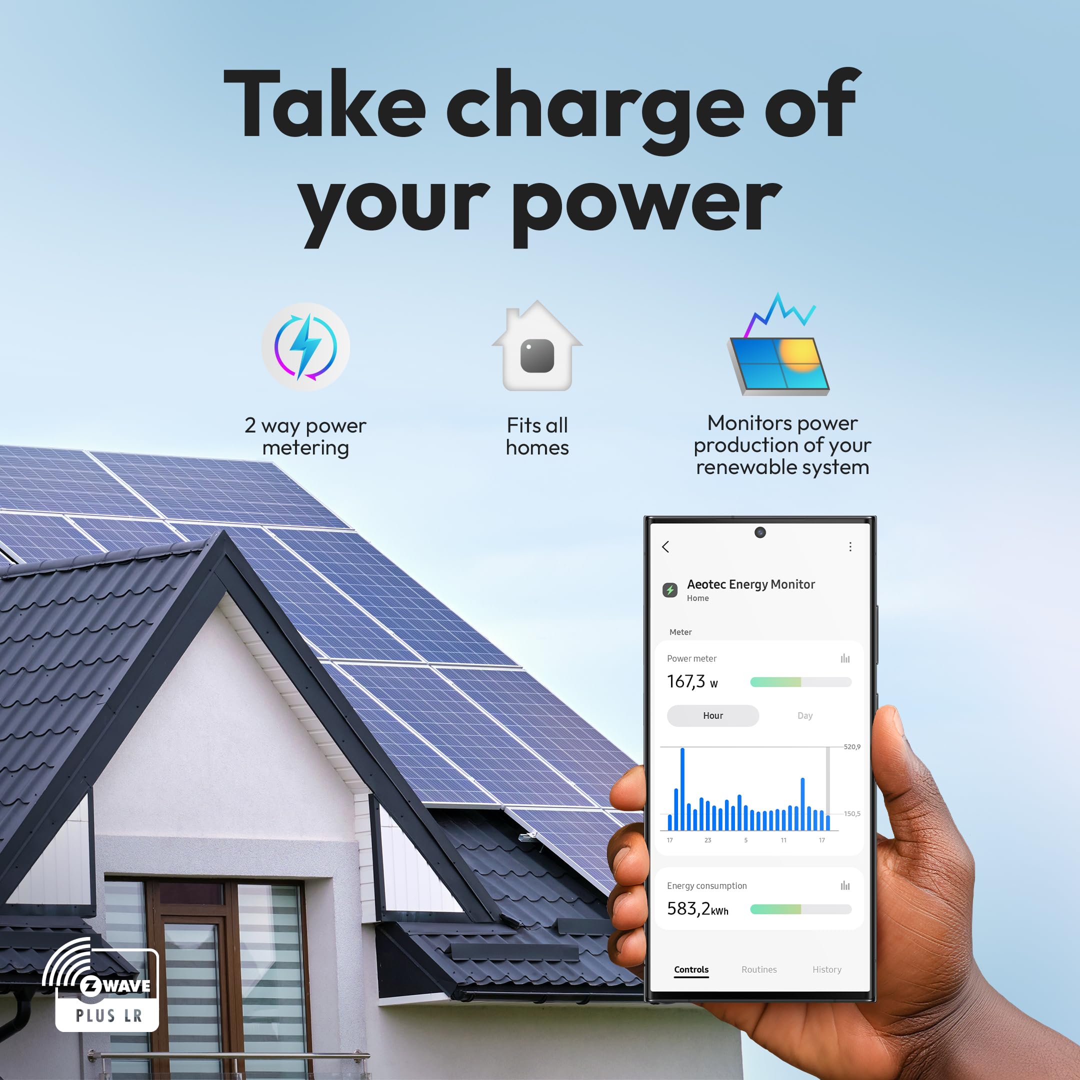 Aeotec Home Energy Meter 8 – Smarter Stromzähler – Echtzeitüberwachung von Verbrauch und Erzeugung – Z-Wave Long Range – 3x60A Stromklemmen – Unterstützt 3-Phasen-Strom – SmartThings – HomeAssistant