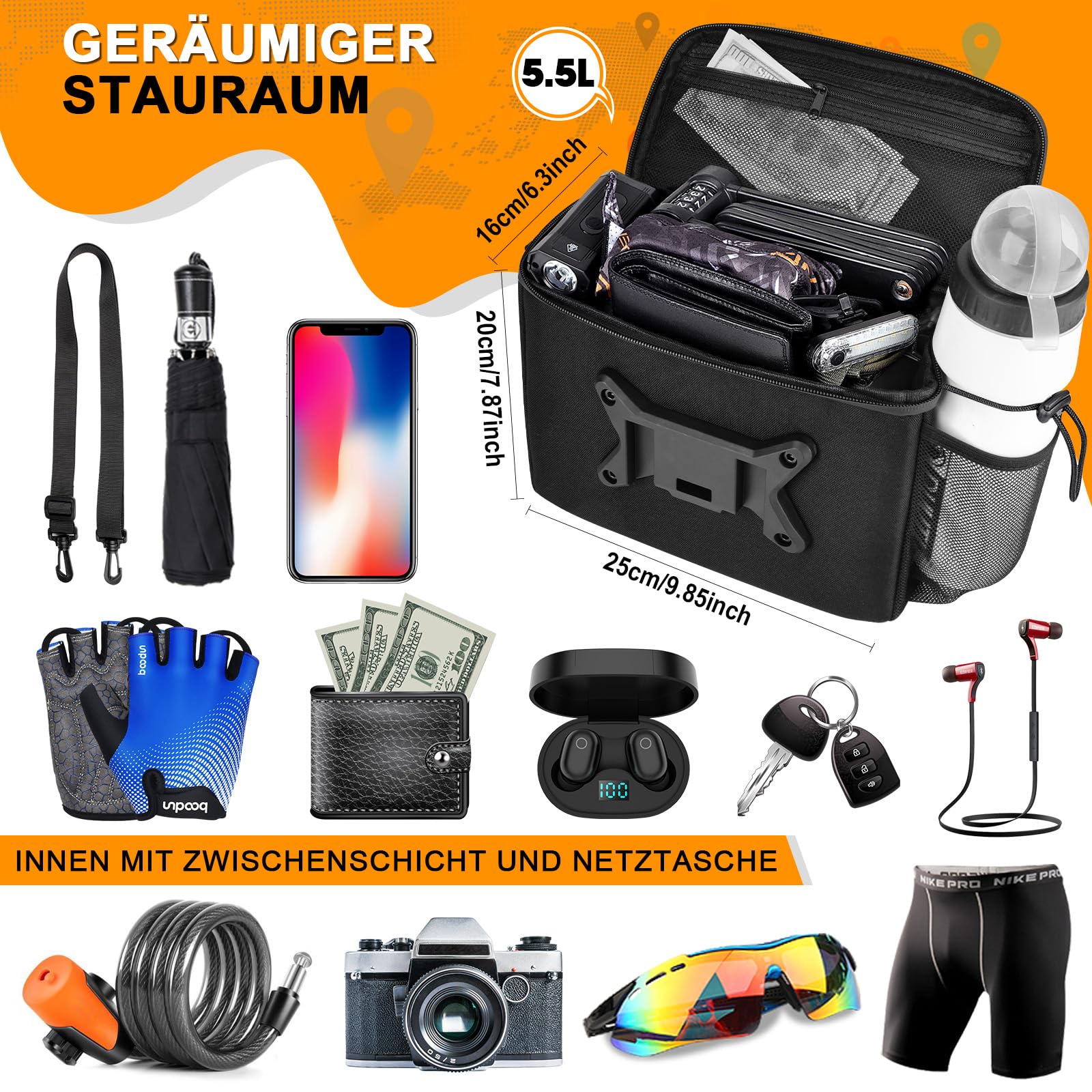 GXCROR Lenkertasche Fahrrad 5.5L Wasserdicht,Mit Touchscreen-Handyhalterung & Schultergurt - Universal für E-Bike, Mountainbike, Citybike