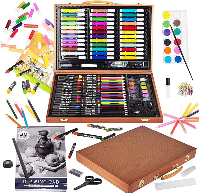 KINSPORY Art Set for Kids, 150PCS Art Kits For Kids, Deluxe Painting Wooden Box Art Set, Coloring Drawing Art Supplies Case Gift for Artists Teens Adults Boys Girls 4 5 6 7 8 9 10 11 12 (Brown)