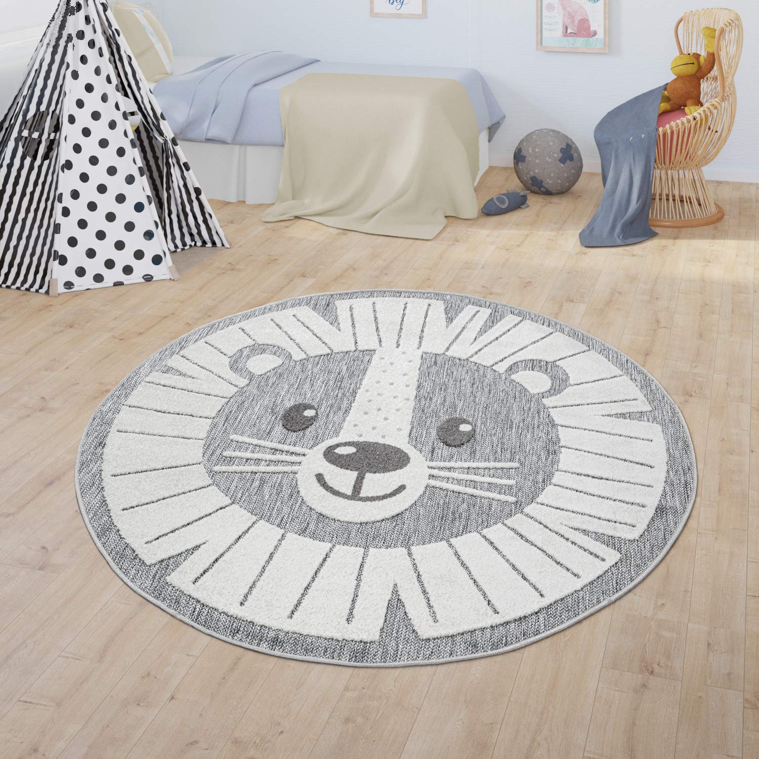 Paco Home Kinderteppich Kinderzimmer Outdoor Teppich Rund Spielteppich Modern 3D Effekt, Grösse:Ø 120 cm Rund, Farbe:Grau
