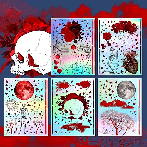 Paquete de calcomanías holográficas # Calavera y huesos Sangre y amor HANATABA Vintage Art Deco Styled Wall Laptop Pegatinas de holograma de vinilo