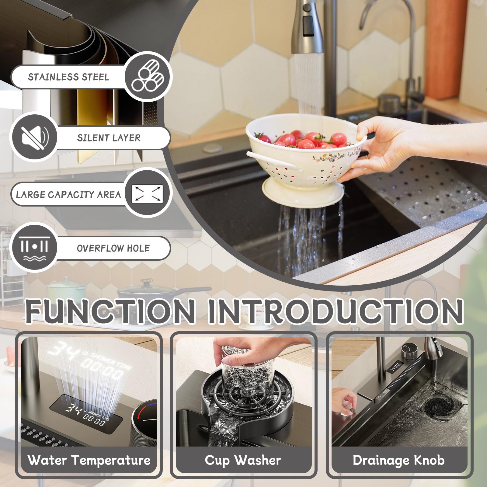 Fregadero cascada multifunción, 75 x 45 cm, negro, 1 lavabo cocina, acero inoxidable, rectángulo con cestas drenaje, sifón y juego desagüe, grifo temperatura