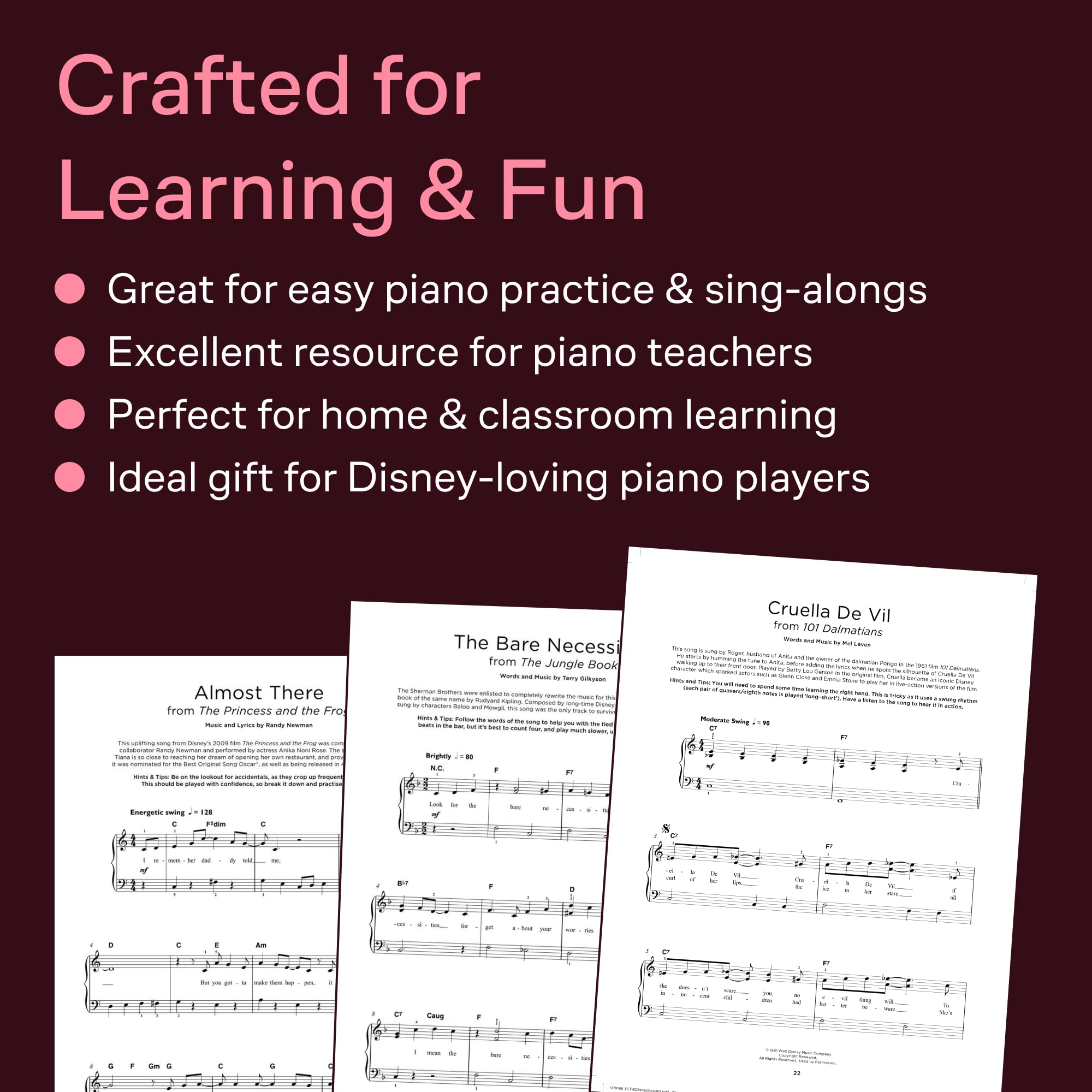Really Easy Piano – 40 Chansons Disney | Recueil de chansons et partitions pour piano facile | 40 classiques Disney pour piano voix et guitare | Ressource pédagogique idéale et cadeau pour pianistes