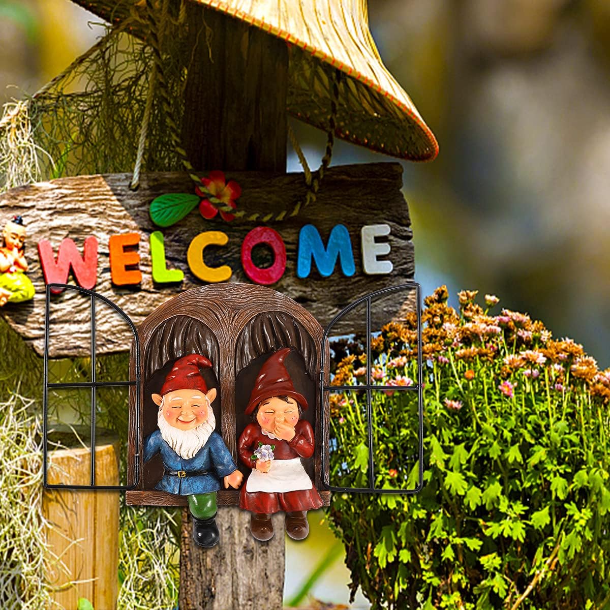 Elf Out The Door Tree Hugger - Couple Gnome Peeker Yard Art Garden Ornament Funny Naughty Gnomes Sculpture Decoration, Thanksgiving