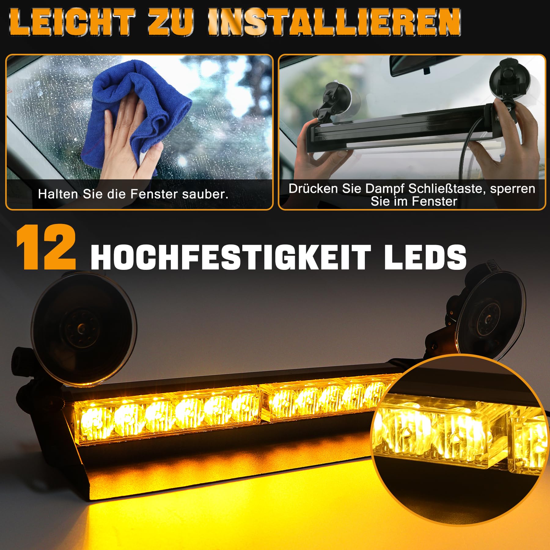 Frontblitzer Warnleuchte 12 LED - 35.6cm 9 Blinkmodi Blitzleuchte, 2 Saugnäpfe Hohe Intensität 12/24V Blinkende Windschutzscheibe Lampe Stroboskopstange für Auto (Gelb)
