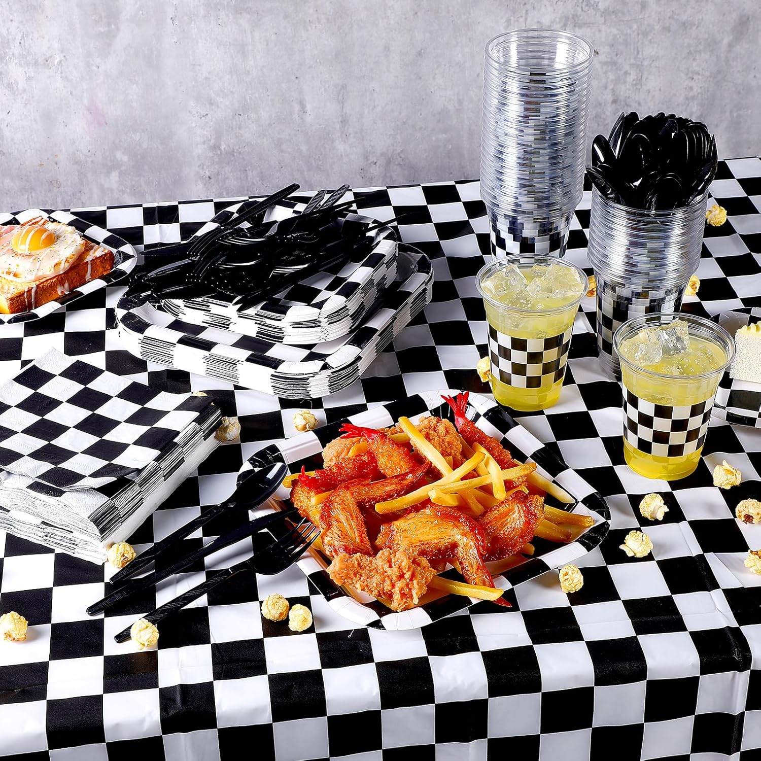 352 Pcs Race Car Party Supplies Tableware Set Include 9 Inch 7 Inch Black and White Checkered Flag Paper Plates Napkins Plastic Cups Tablecloth Cutlery for Race Car Birthday Party Decoration - Image 6