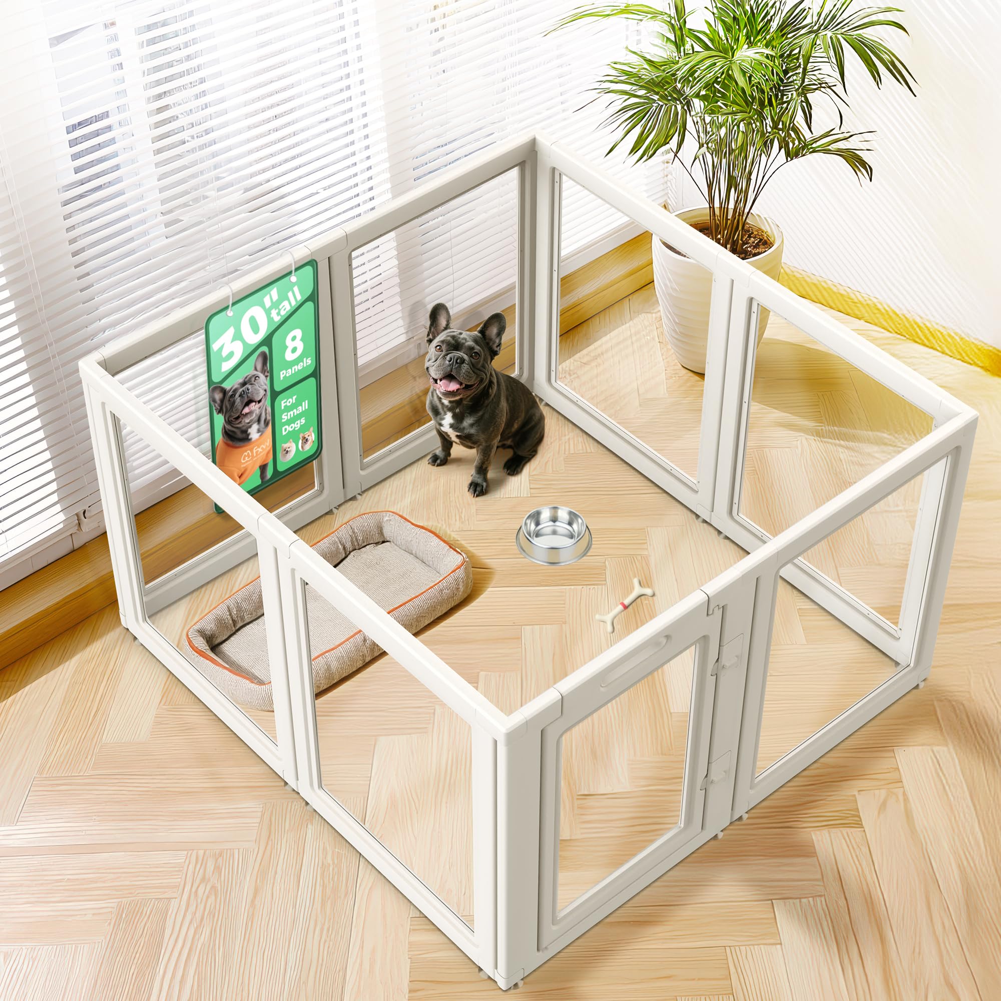 FXW AuraSpace Clear Acrylic Indoor Dog Playpen, 30" H, 8 Panels, White