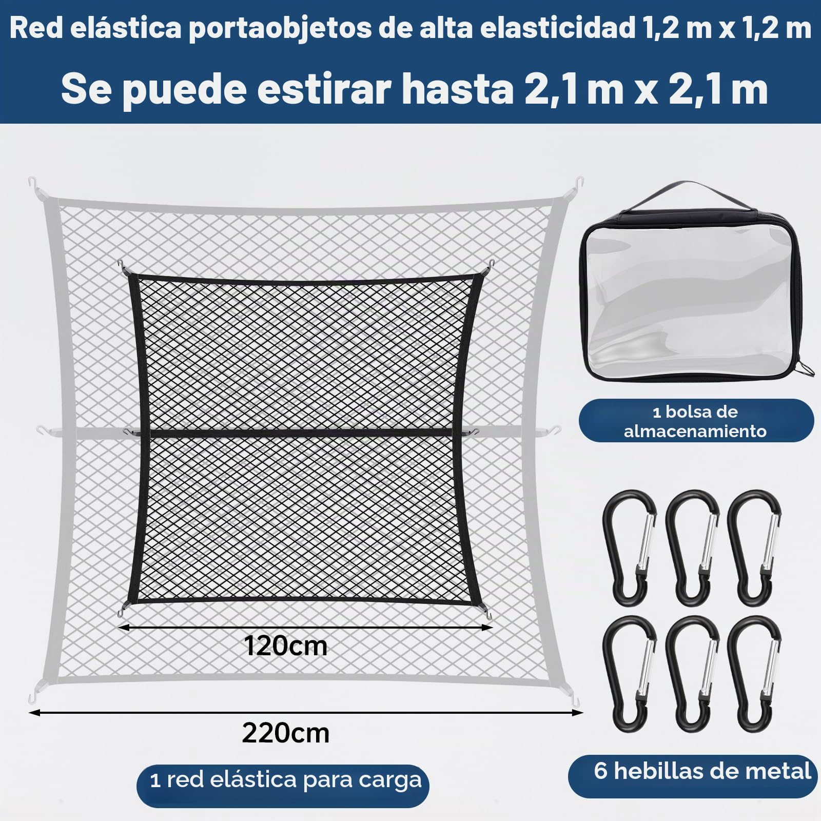 Red de Carga Altamente Elástica, Red Grande para Maletero de Coche 120x120cm, Puede Extender a 210×210cm, Organizador de Malla de Carga para camión, con 6 Mosquetones, para SUV Camionetas Carro