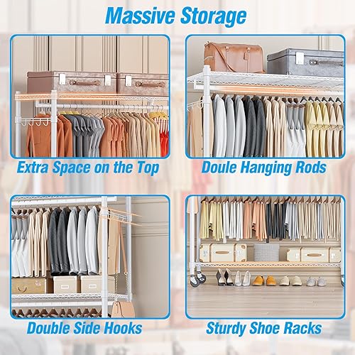 Miniatura 8 de Homdox - Perchero de 3 niveles con ruedas, armarios portátiles para colgar ropa de trabajo pesado, estantes de armario y estanterías con barras