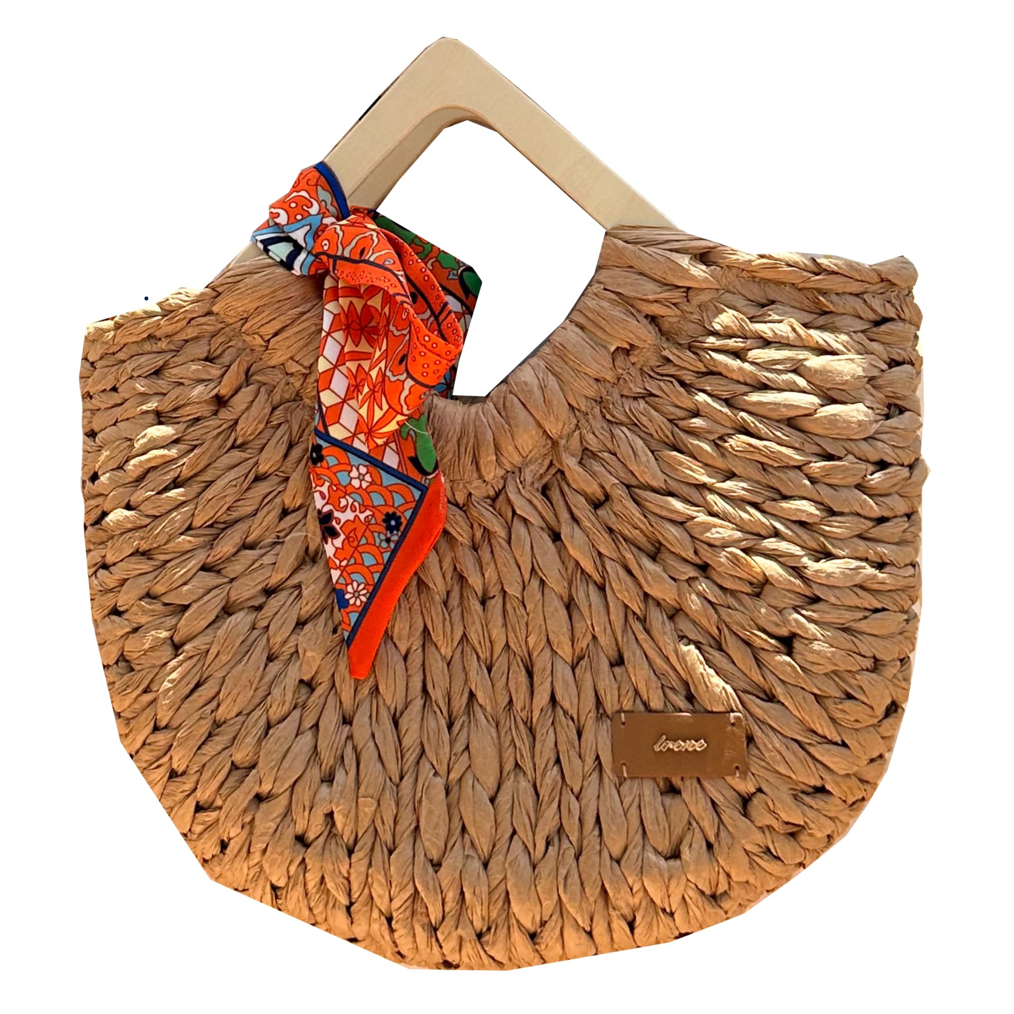 MIGURA Bolso Mujer De Paja Rafia Para Verano Dia a Dia Playa, Bolso Esparto Mimbre Hecho a Mano, Cesta Totte De Mano Mediano Estilo Étnico Bohemio Semicircular Madera