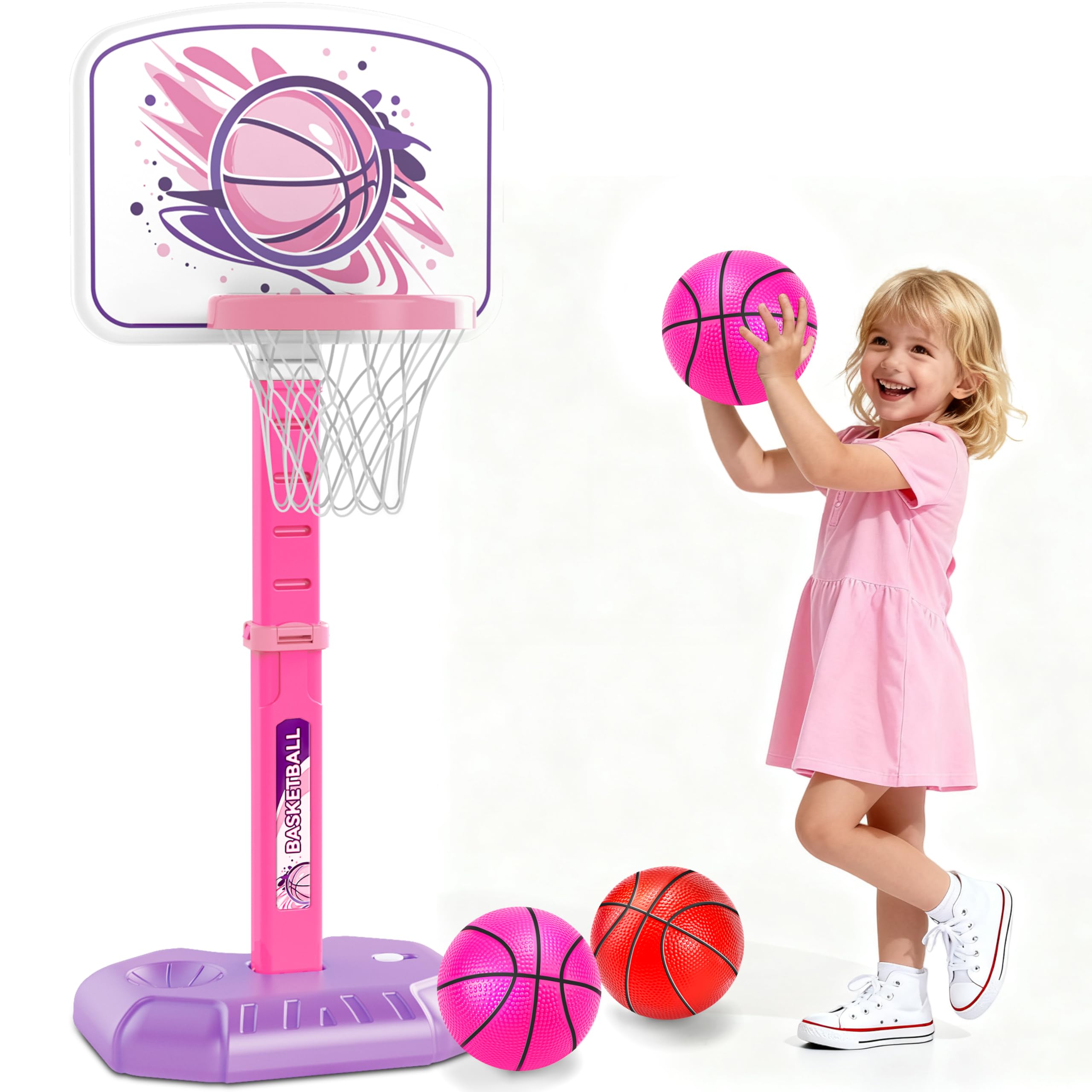 MOMOSTAR Canasta Baloncesto Infantil, Canasta de Baloncesto para Niños Incluir 3 Bolas, Altura Ajustable 70-140cm, Aro de Baloncesto para Interior y Exterior, Regalos para Niña Niño 3 4 5 6 Años