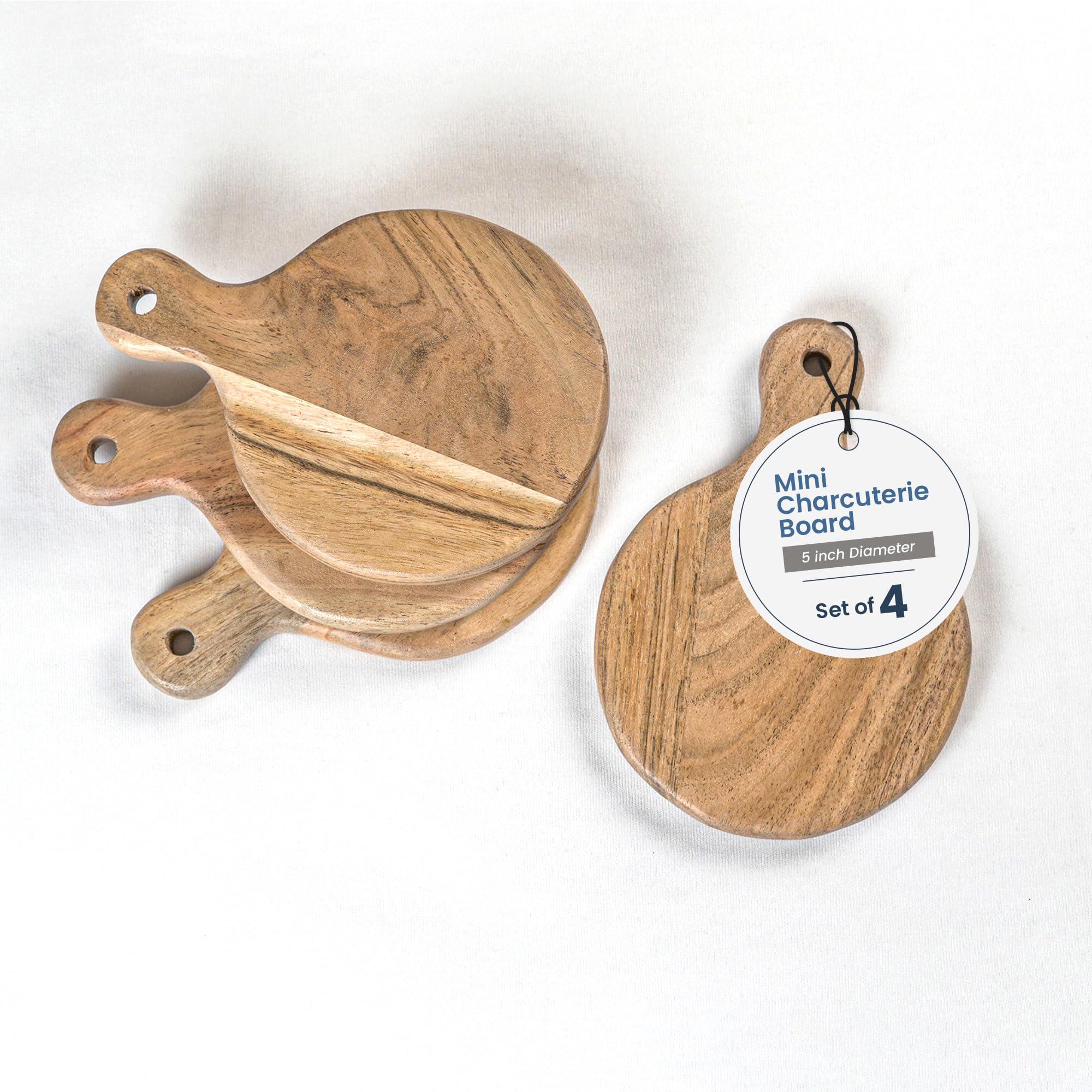 The Fine Living Co. Set of 4 Small Appetizer Serving Plate, Round Charcuterie Boards, Acacia Small Wood Tray, Round Serving Board for Meat, Bread, Food-grade Paddle, 7"x5", Natural Pale, 0.6" Thick