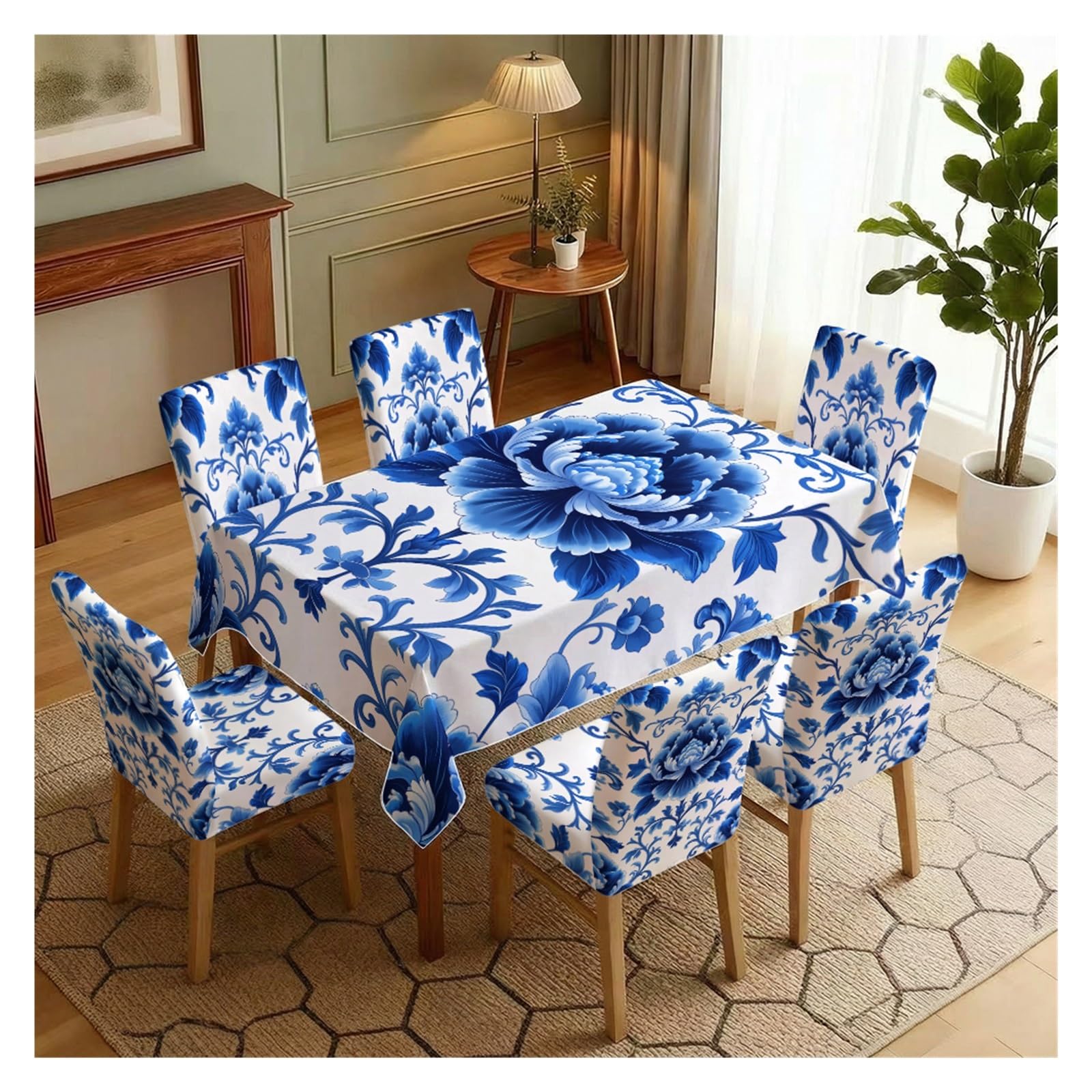 KXUAUV Chinoiserie Blue White Peony Dining Tablecloth & Chair Covers Set, 5/7 Pack Stretch For Daily Meal, Banquet, Holiday Dinner, Party, Home Decor Party Decor(7pcs Set: Tablecloth+Chair Covers)