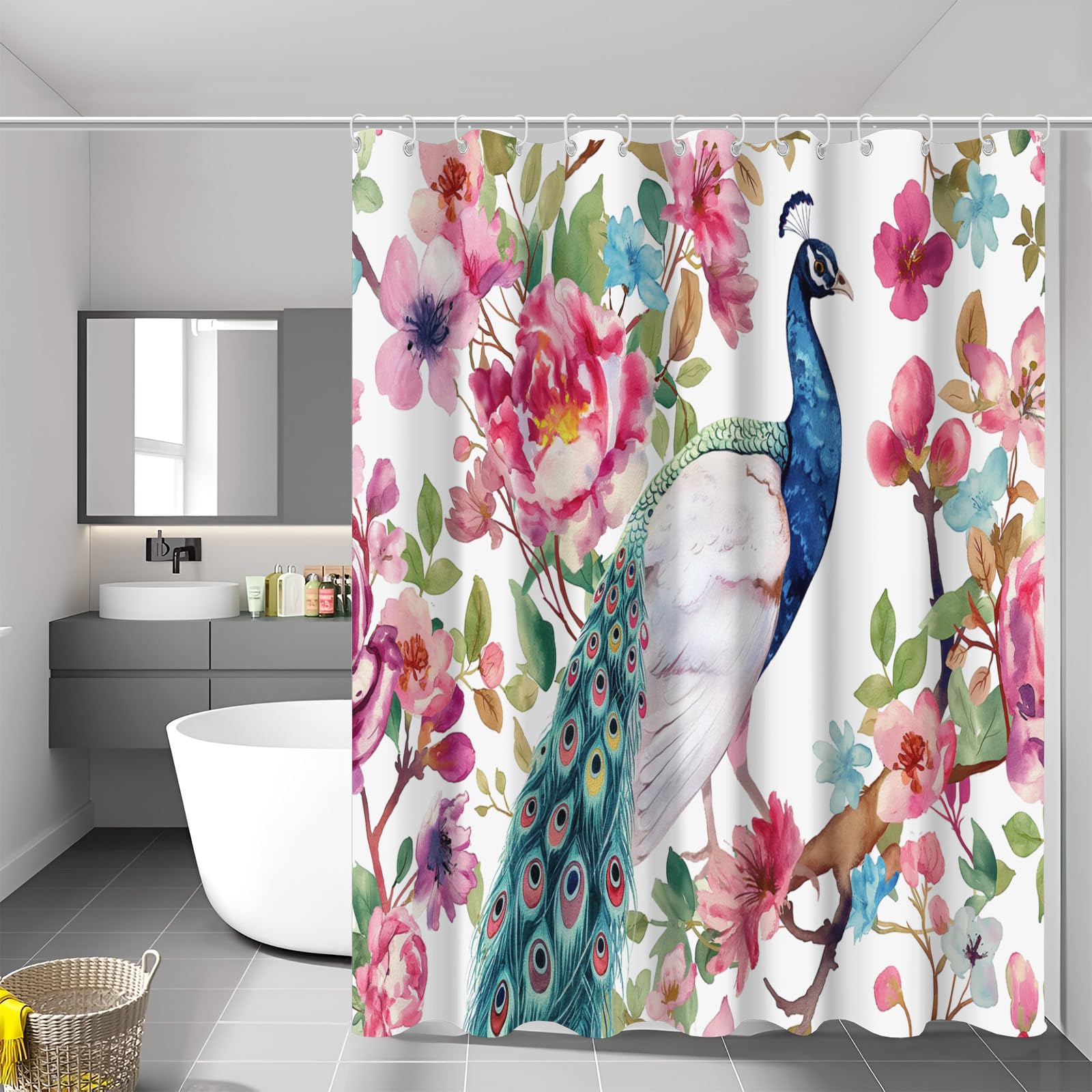 Rideau de douche paon aquarelle pour une salle de bain zen et élégante