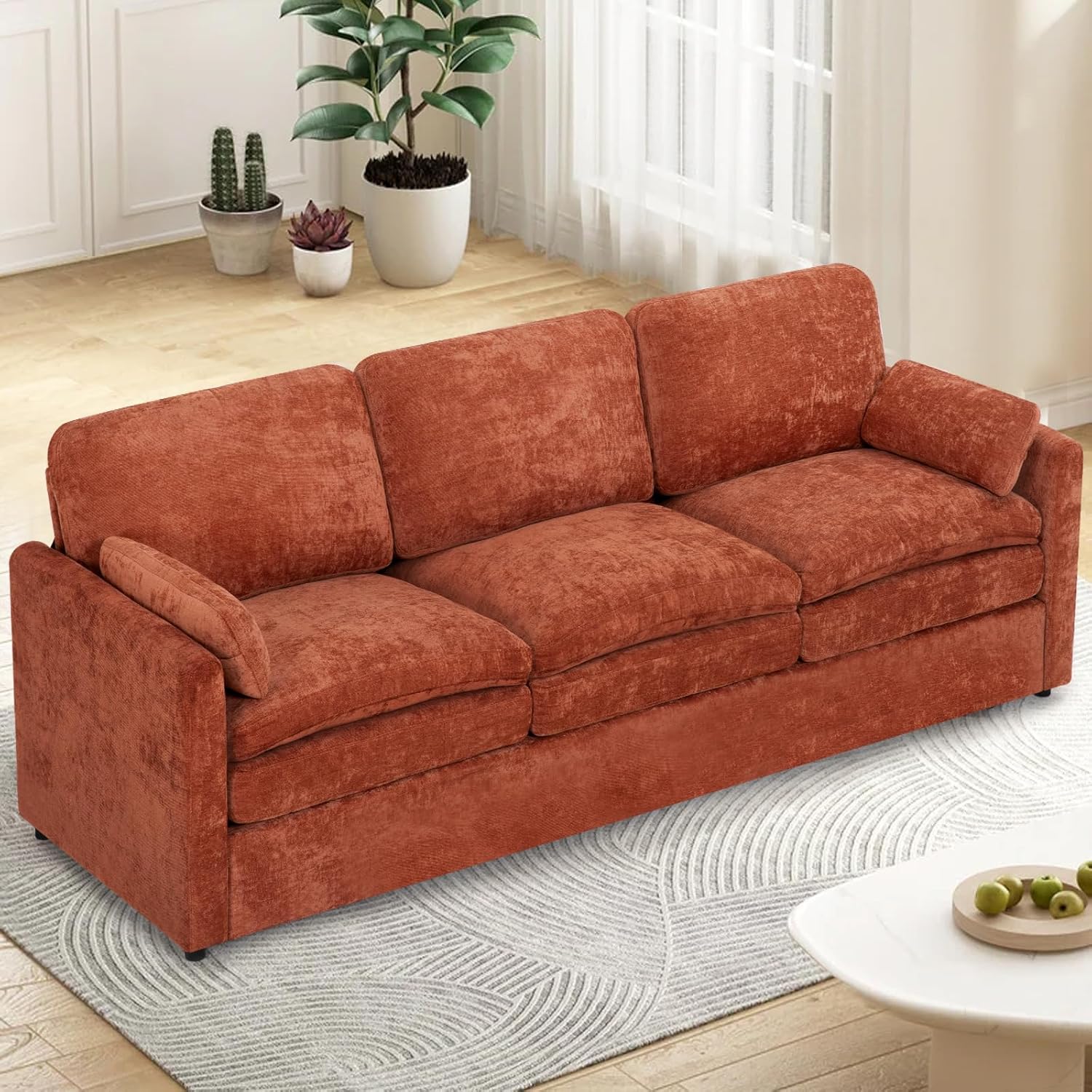 ACMEASE 89" Orange Chenille 3-Seater Sofa with Arm Pillows, High-Density Foam Cushions & Stable Wood Frame for Living Room Comfort