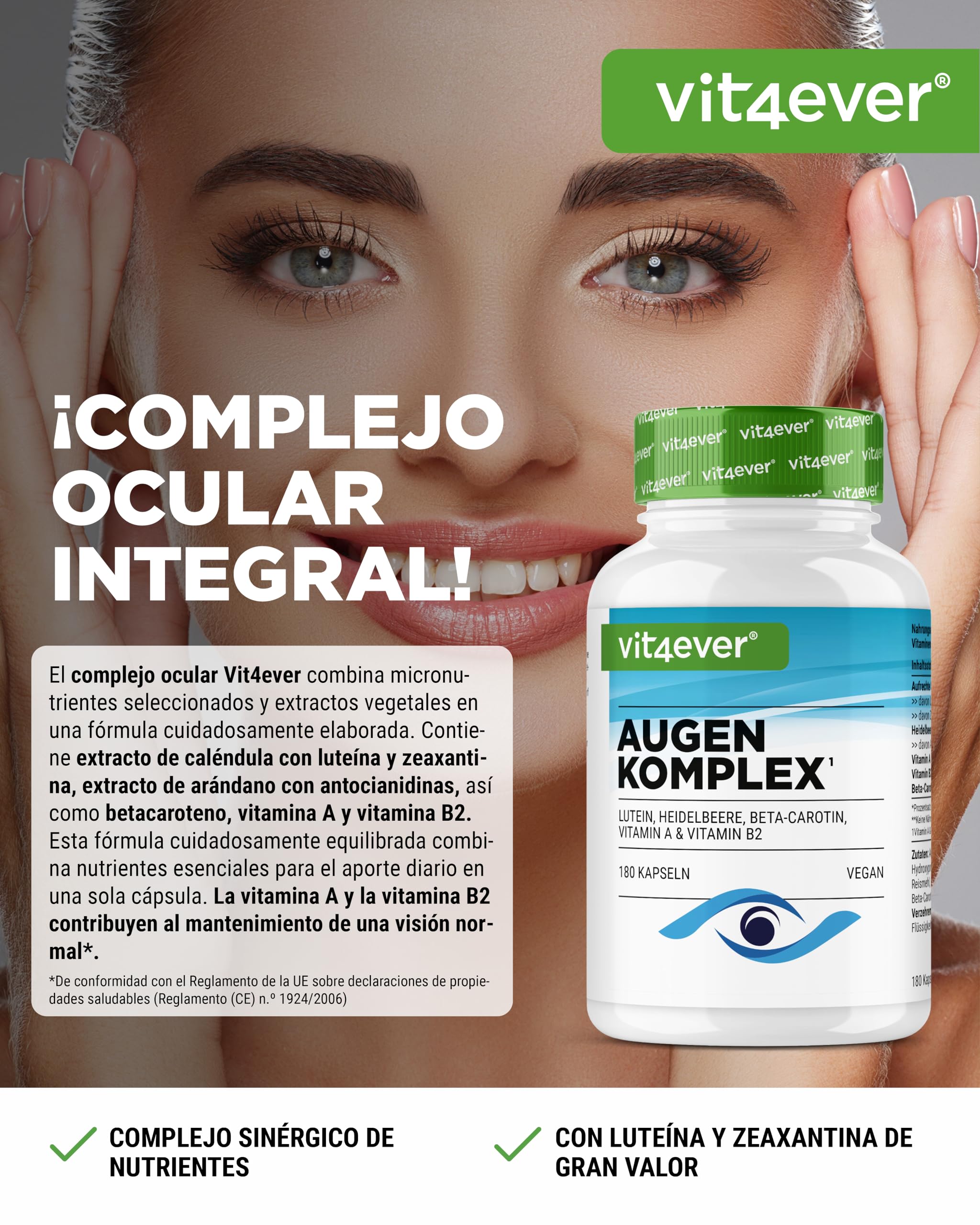 Complejo Vitamínico para los Ojos - 180 cápsulas para 6 meses con Luteína, Zeaxantina, extracto de Arándano, Betacaroteno, Vitamina A y Vitamina B2 - Vegano, alta dosis, sin aditivos inútiles