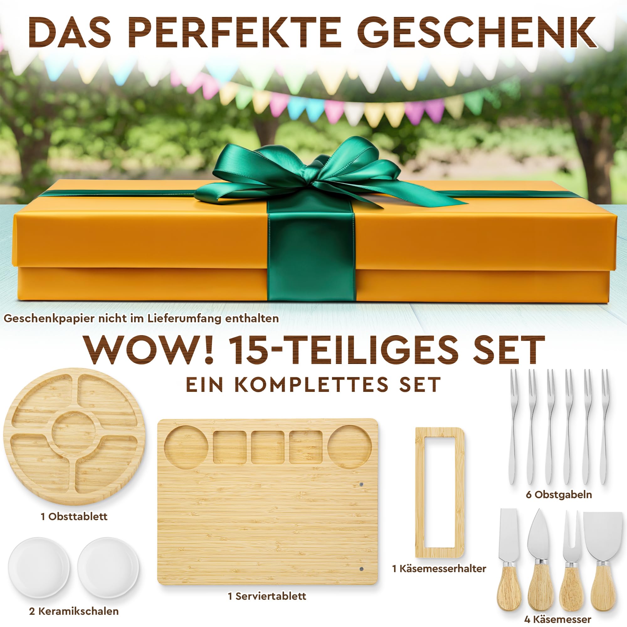Charcuterie Boards Deluxe-Geschenkset – 15-teilig, Bambus – Großes Käsebrett + Tablett für Muttertag, Geburtstag, Einweihungsparty, Hochzeit