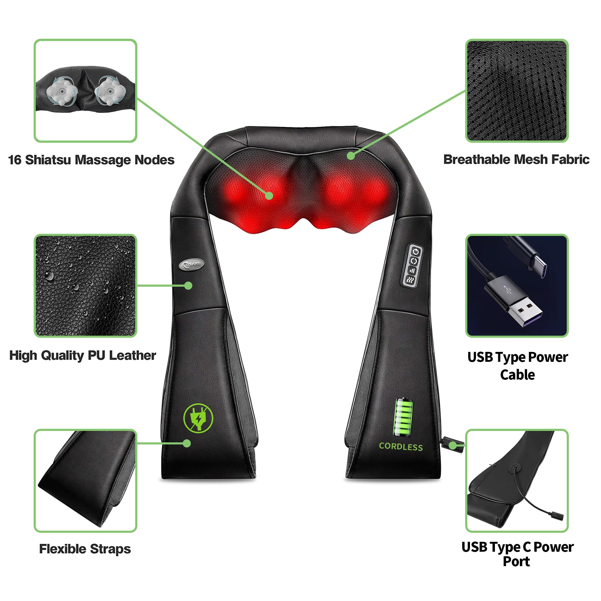 cotsoco Masseur sans fil pour cou et épaules, dispositif de massage shiatsu avec chaleur, portable pour soulager la douleur dans le cou et le dos, massage électrique, cadeaux pour femmes, hommes M861