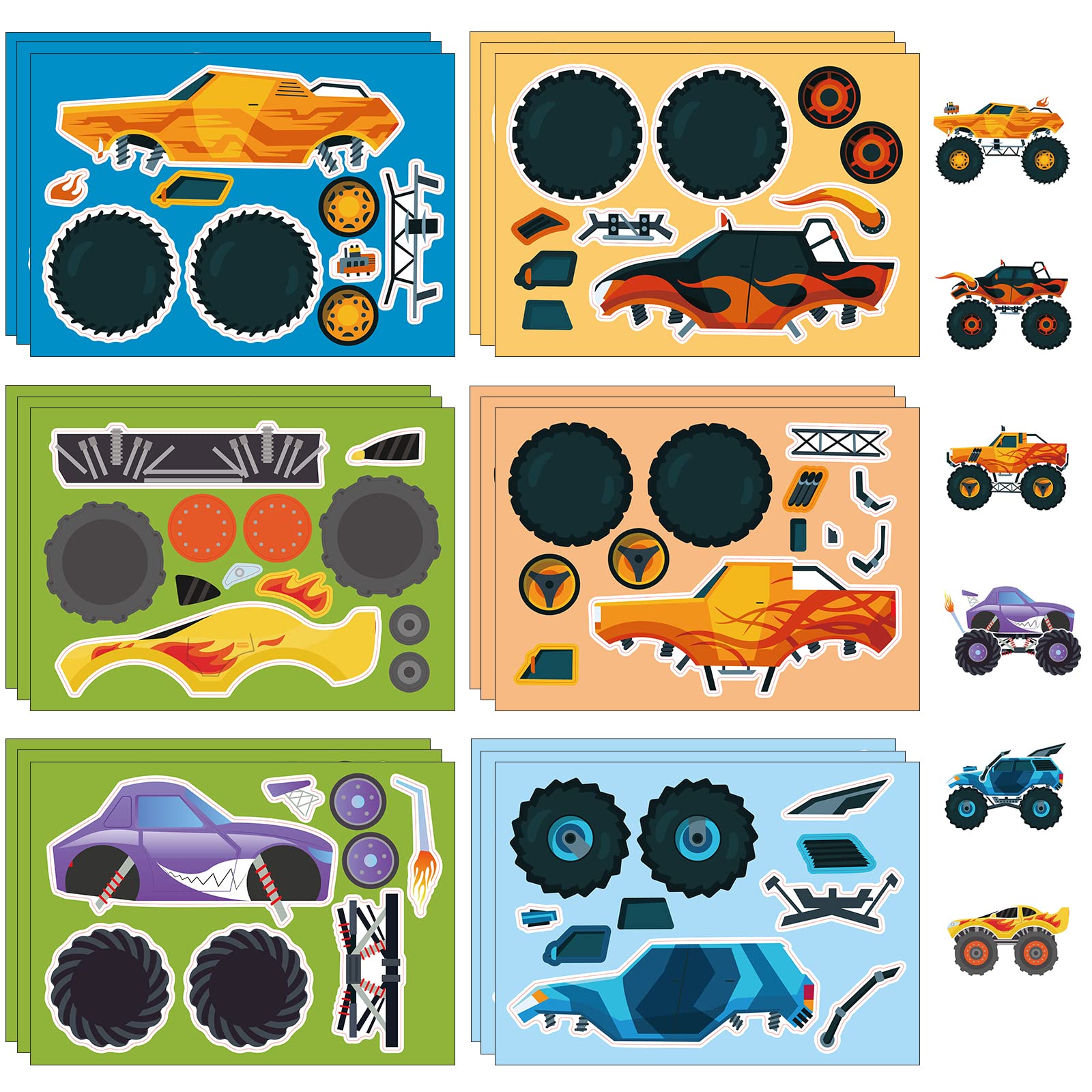 24 Sheets Monster Truck Make a Face Sticker Sheets for Kids Todders Activities, Make Your Own Stickers for Kids Birthday Party Favor Supplies Craft