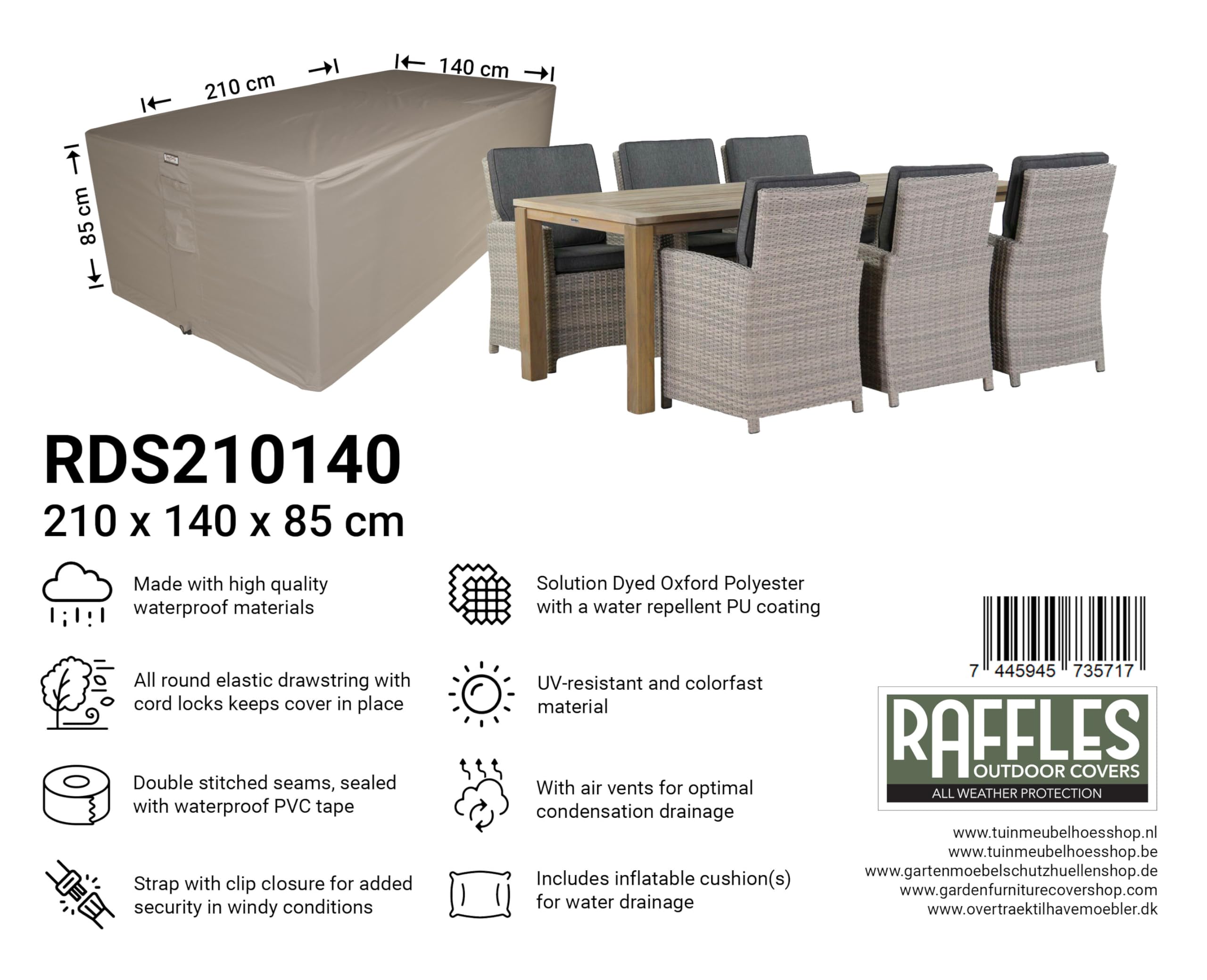 Schutzhülle für Gartenmöbel Rechteckig 210 x 140 H: 85 cm | Atmungsaktiv | Wasserdicht | UV - beständig | Doppelt genähte, PU-versiegelte Naht | Elastischer Kordelzug |