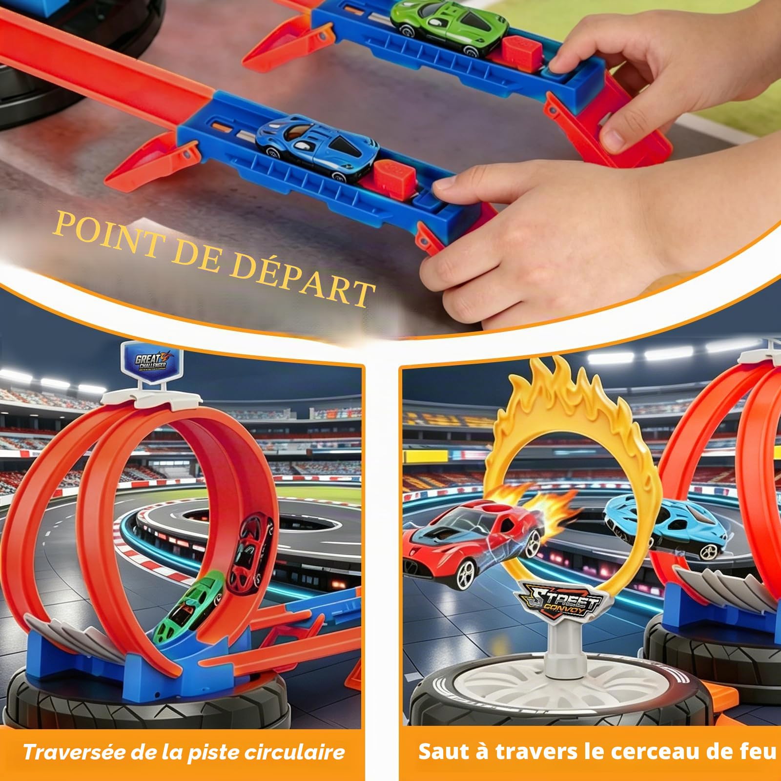 Circuit De Course pour Enfants Comprend 6 Petites Voitures, 2 Rampes Et 1 Boîte De Rangement pour Les Pneus. Convient Aux Filles Et Aux Garçons De 3 À 6 Ans