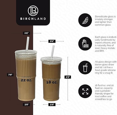 Miniatura 5 de Juego de 2 tazas de café helado de vidrio con tapa y pajita, vaso de vidrio acanalado (18 onzas)