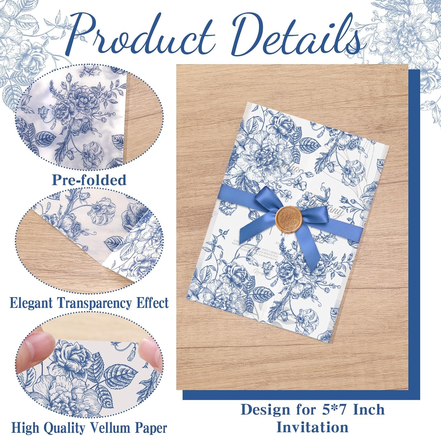 ForraFun 100 Pack Blue Floral Vellum Jackets Bulk for 5x7 Invitations Pre-folded Vellum Paper Envelope Inserts Liners Invitation Sleeves Wraps Accessories Kit for Wedding Birthday Bridal Party