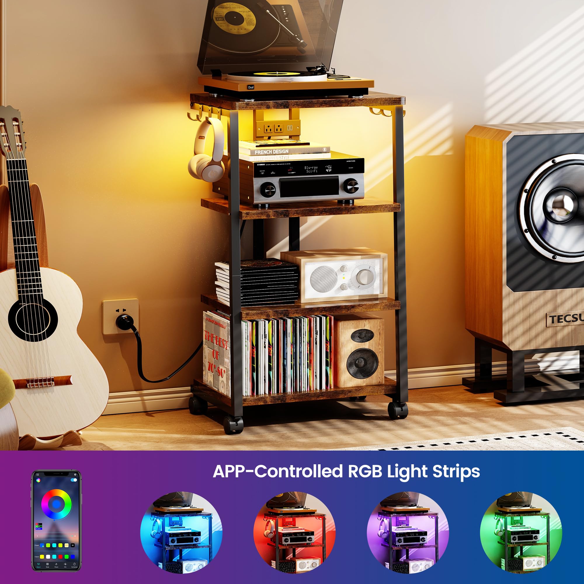 Homeiju Smart Media Console con luci RGB controllate da APP, centro di intrattenimento in legno per giochi e supporto TV, archiviazione per PS5/Xbox/Stereo e DVD Organizer