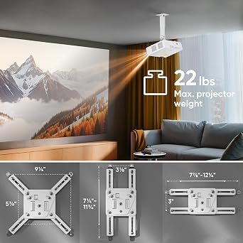 ONKRON Projector Ceiling Mount, 22 lbs Load Capacity, Height Adjustable Projector Mount Ceiling & Wall, Swivel and Tilt, Extendable Arm, Universal Mounting Bracket for Home Cinema, Office, White