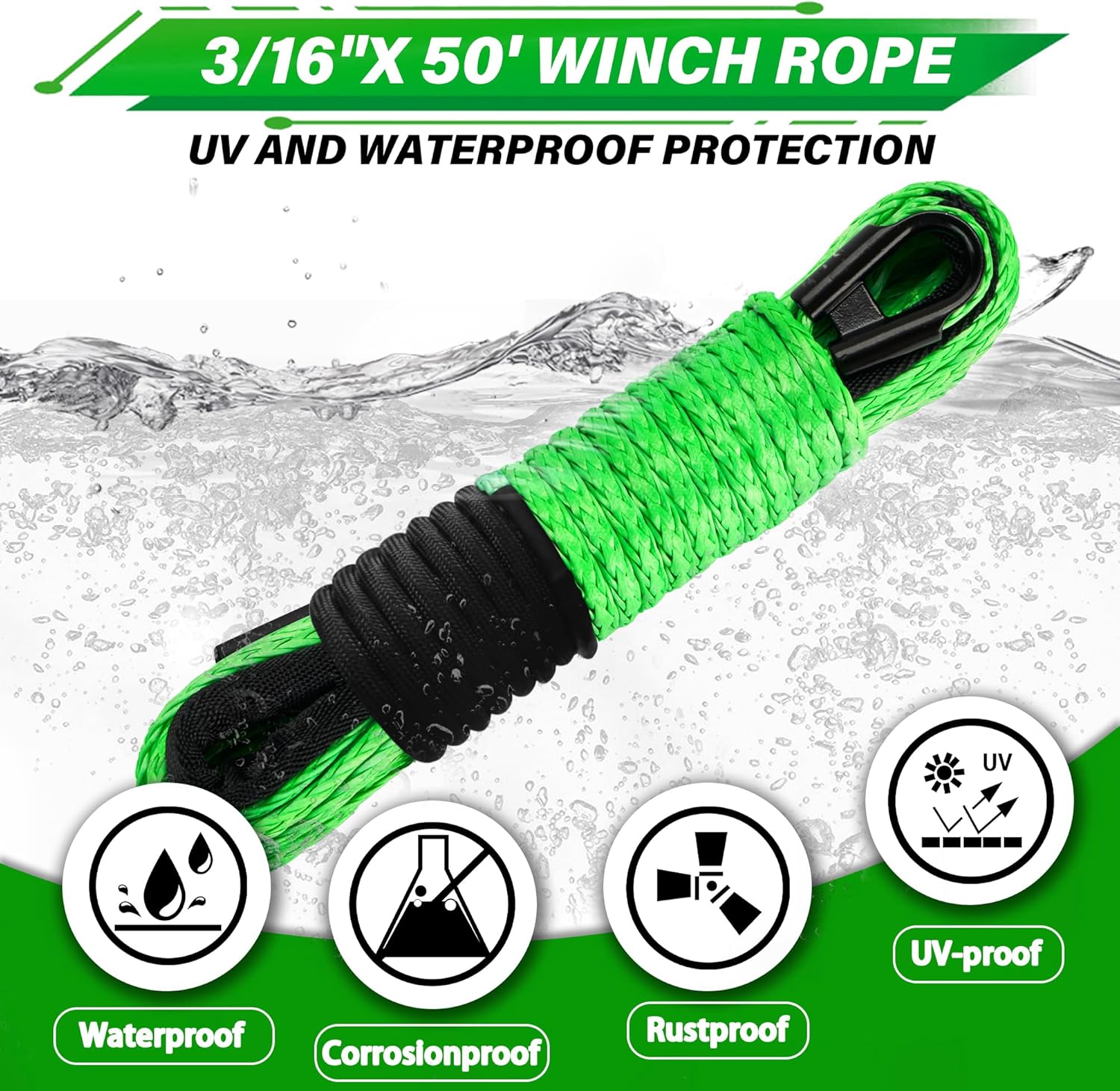 TYT Off-Road Winch Rope Kit - 3/16''x50', 8500 Lbs Green Synthetic Cable with Protective Sheath, Heavy-Duty Hook, Safety Pull Strap & Rubber Stopper Ideal for 4WD ATV UTV Vehicles, (JPS31650G) - Image 2