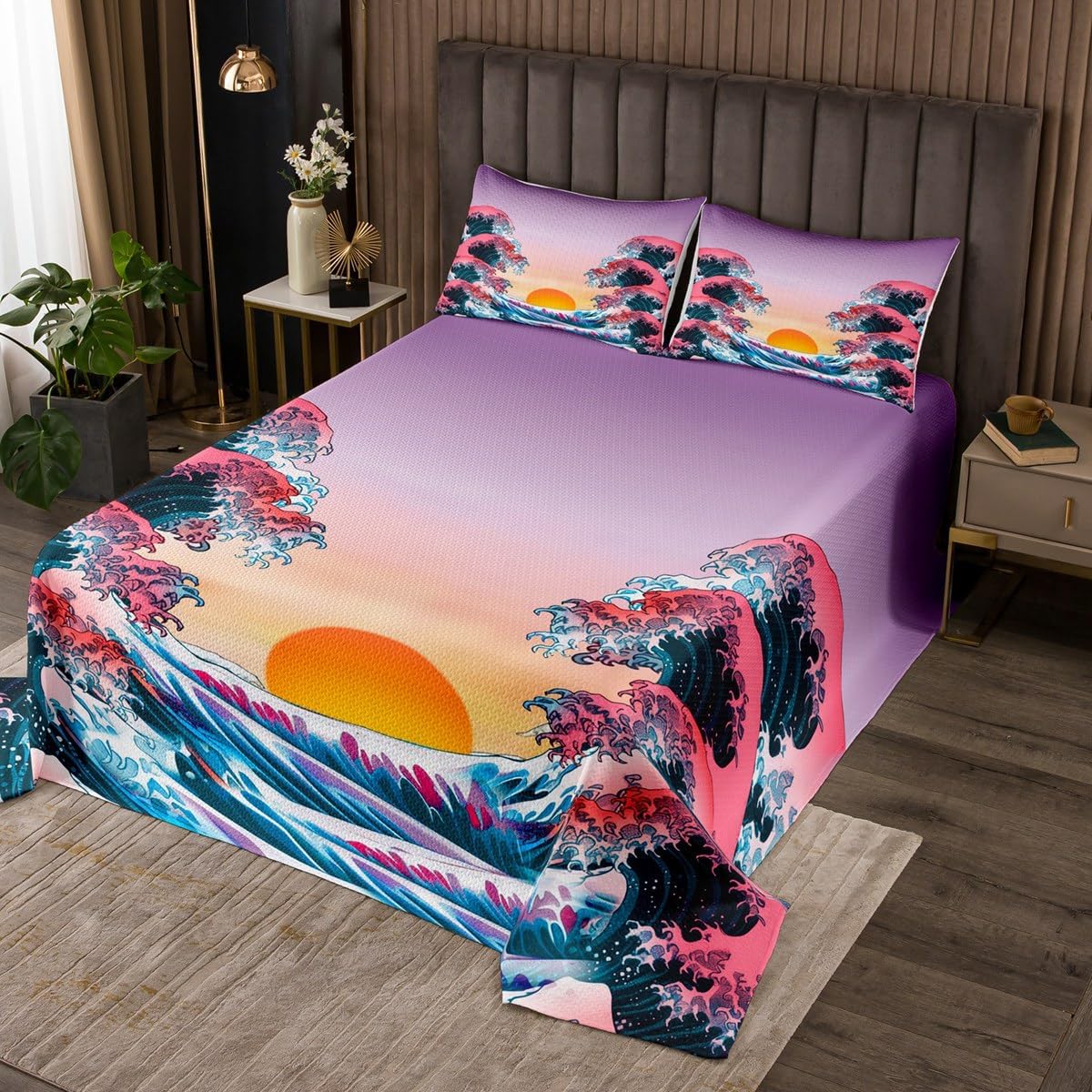 Erosebridal Japanese Style Coverlet Set King Size Japanese Wave Pattern Bedding Set Boys Surf Water Abstract Bedspread Sunset Pattern Bed Cover Set for Adult Women Girls Teens Soft Bedding Set
