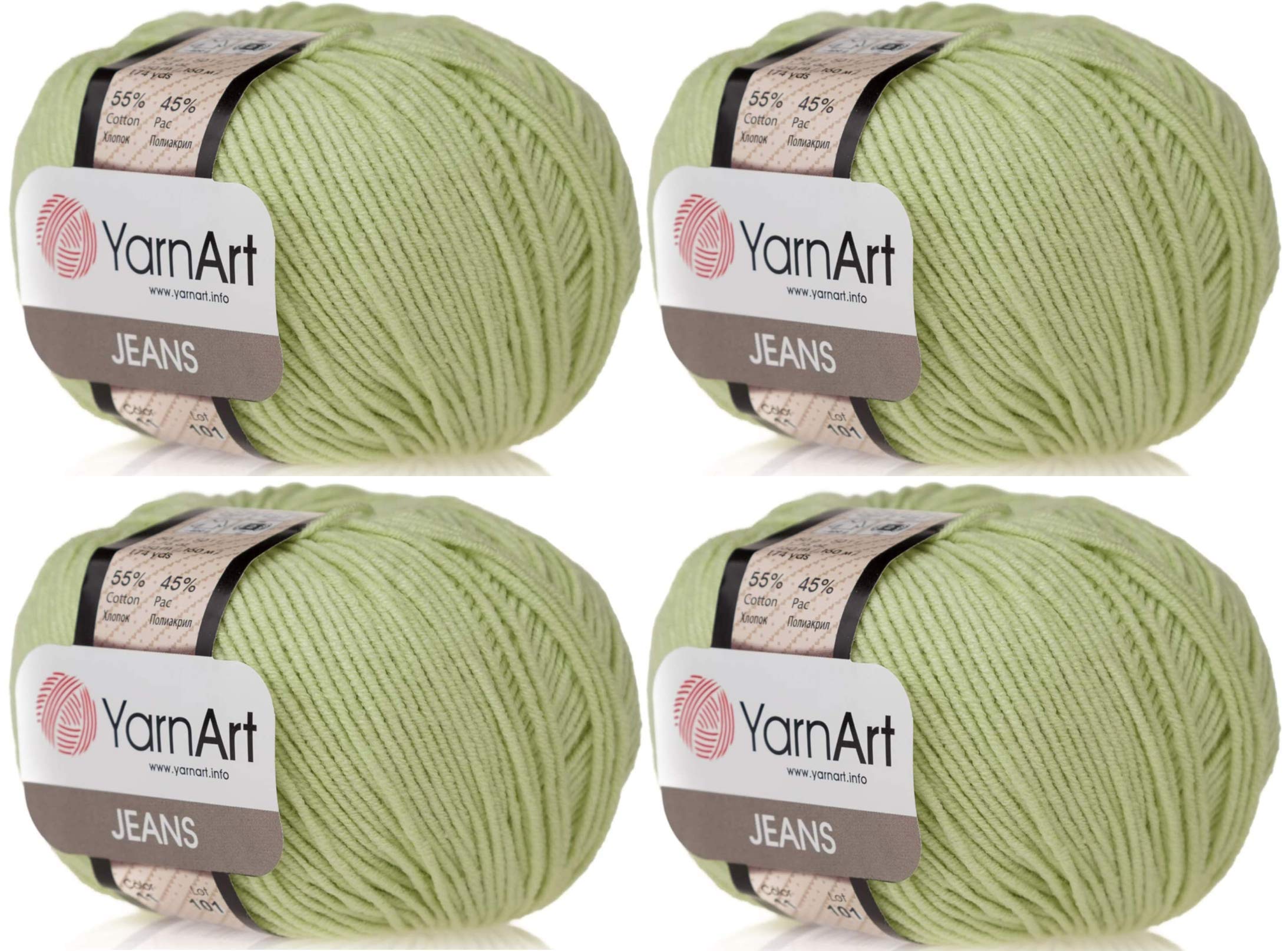 Yarn Art 4 Skeins Jeans 55% Cotton 45% Acrylic Blend Thread Crochet Hand Knitting Lot of 4skn 200 gr 696 yds (11-Light Green)