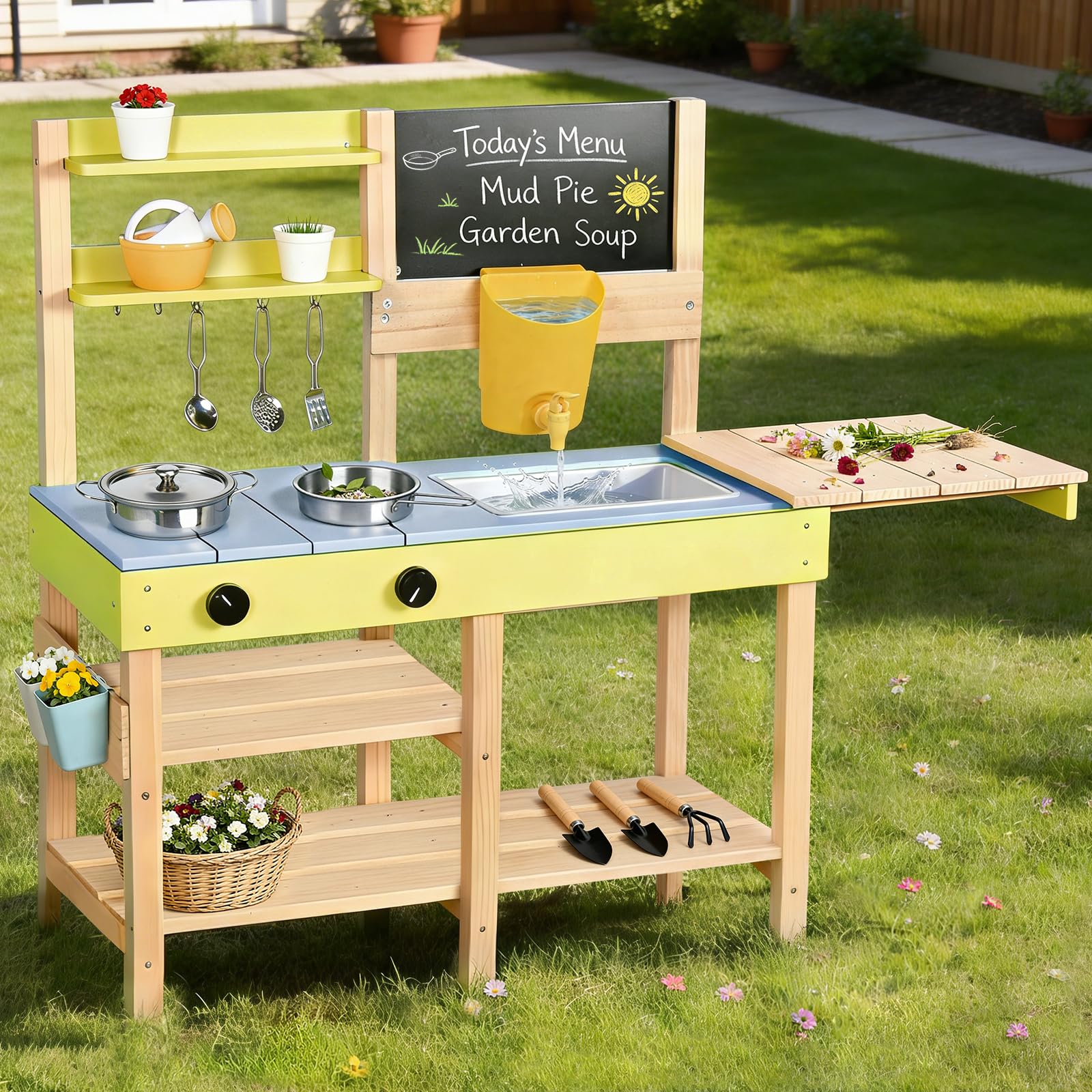 Dreamon Cucina Giocattolo per Bambini, Set da Cocinita de Madera in Legno per Bambini e Bambine dai 3 anni in su, Cucine di Fango per Bambini all'aperto, con Lavandino, Lavagna