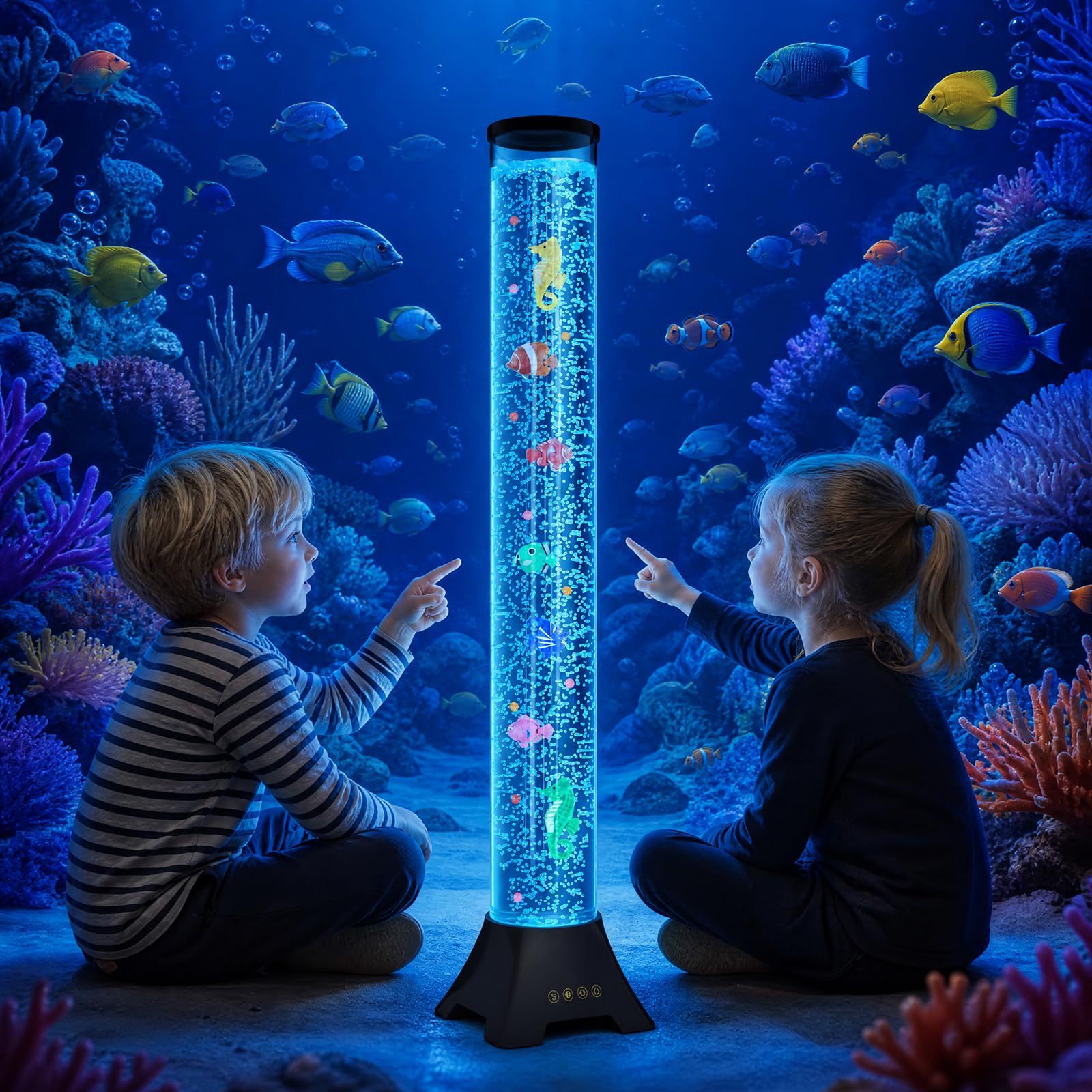 Radikor Colonne d'eau LED avec poissons, lampe Bubble Fish avec 2 pompes à air et 50 % de bruit en moins, 17 couleurs, télécommande de 10 m, lampe à bulles pour apaiser l'autisme/le TDAH, décoration