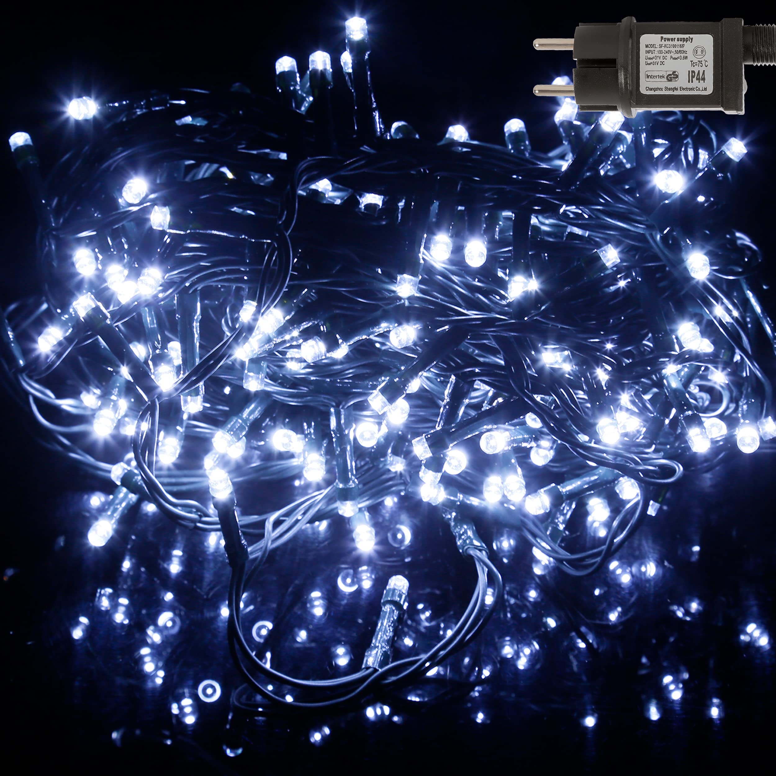 Guirnalda Luces de Árbol de Navidad Cadena de Luces 5M 100 LED (Blanco Frío) Cable Verde y 8 modelos de lluminación Impermeable para Interior y Exterior