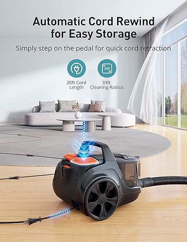 Miniatura 5 de Aspiron Aspiradora de recipiente, aspiradora mejorada de 1600 W sin bolsa, rebobinado automático del cable, filtro HEPA H13, gran capacidad de 3.7