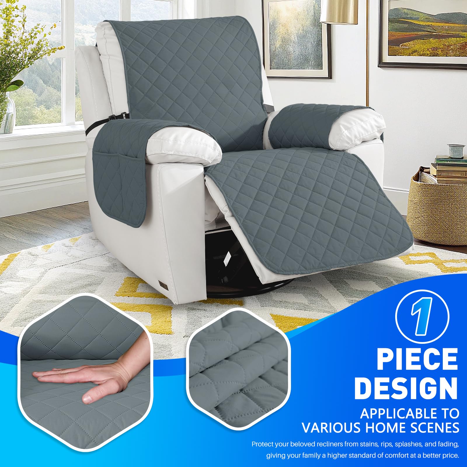 Impermeabile Copripoltrona Grande 1 Posto, Copripoltrona Relax Reclinabile Universale, Antiscivolo Fodera Poltrona Con Tasche Laterali, Antimacchia, Antigraffio, Grigio Scuro
