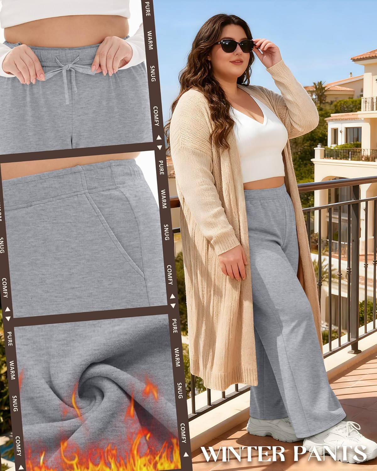 3 Pack Women's Fleece Plus Size Wide Leg Sweatpants Lined Baggy Pants Drawstring Casual Joggers with Pockets - Image 2