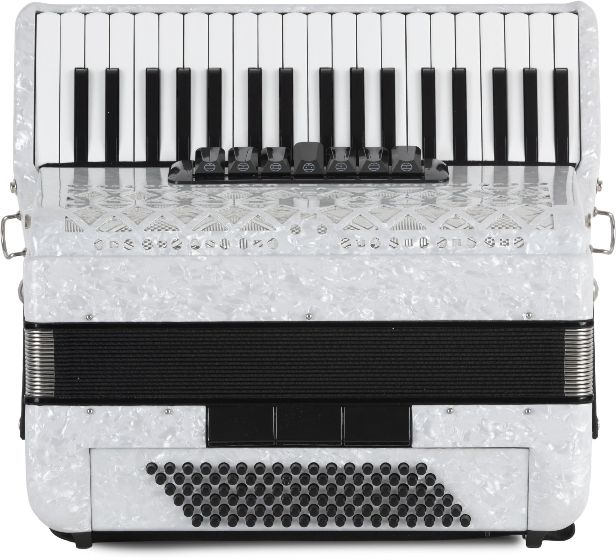 Classic Cantabile Secondo V fisarmonica 96 bassi, 37 tasti nel registro discantico, 3 cori, 5 registri. Corpo bianco perloid, leggera e robusta. Principianti scuola e casa. Include custodia e cinghie