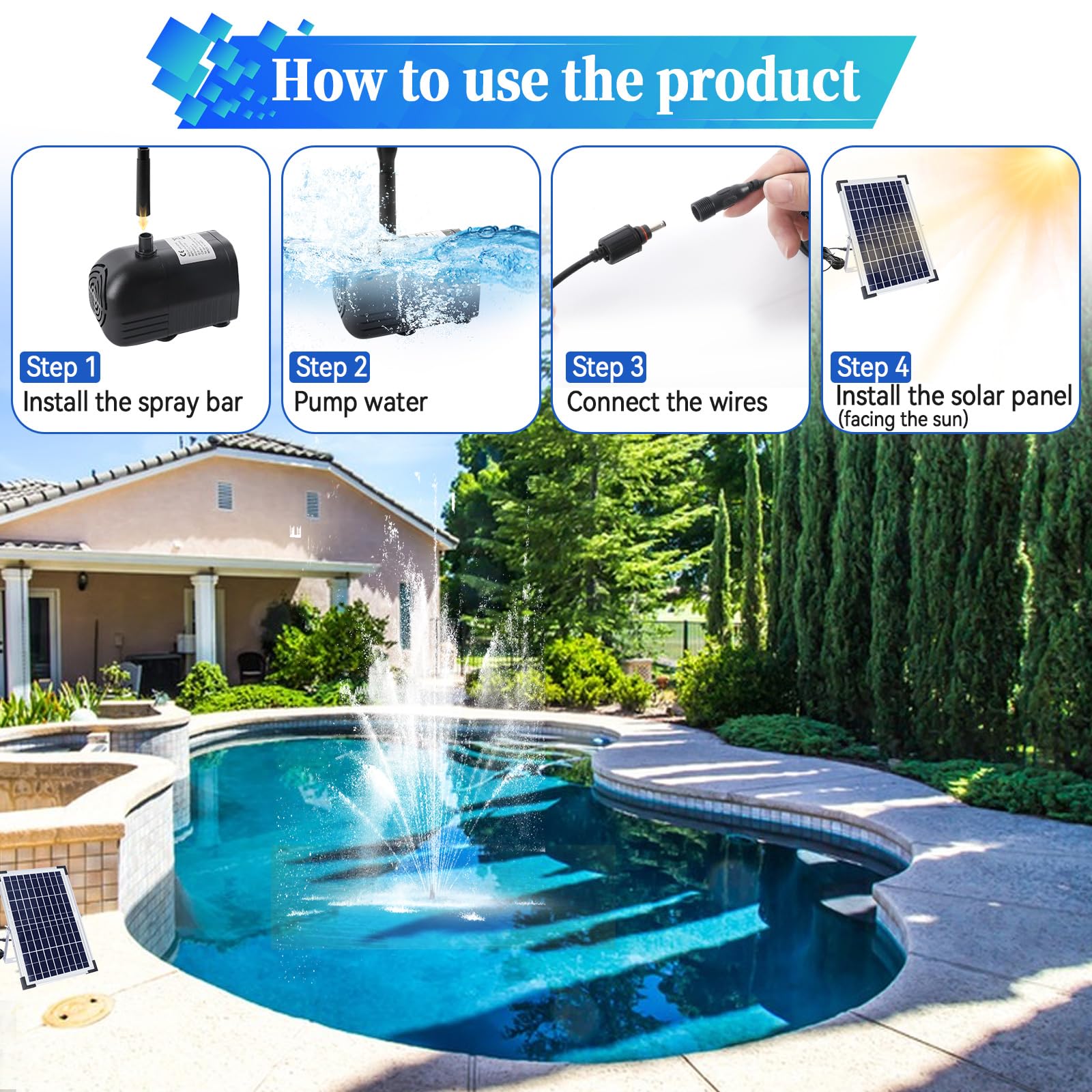 Fuente solar de estanque de 10 W, bomba solar de estanque de 1350 l/h con cable de alimentación de 16.4 pies, bomba de fuente de agua solar para estanques de jardín, piscina Características del agua