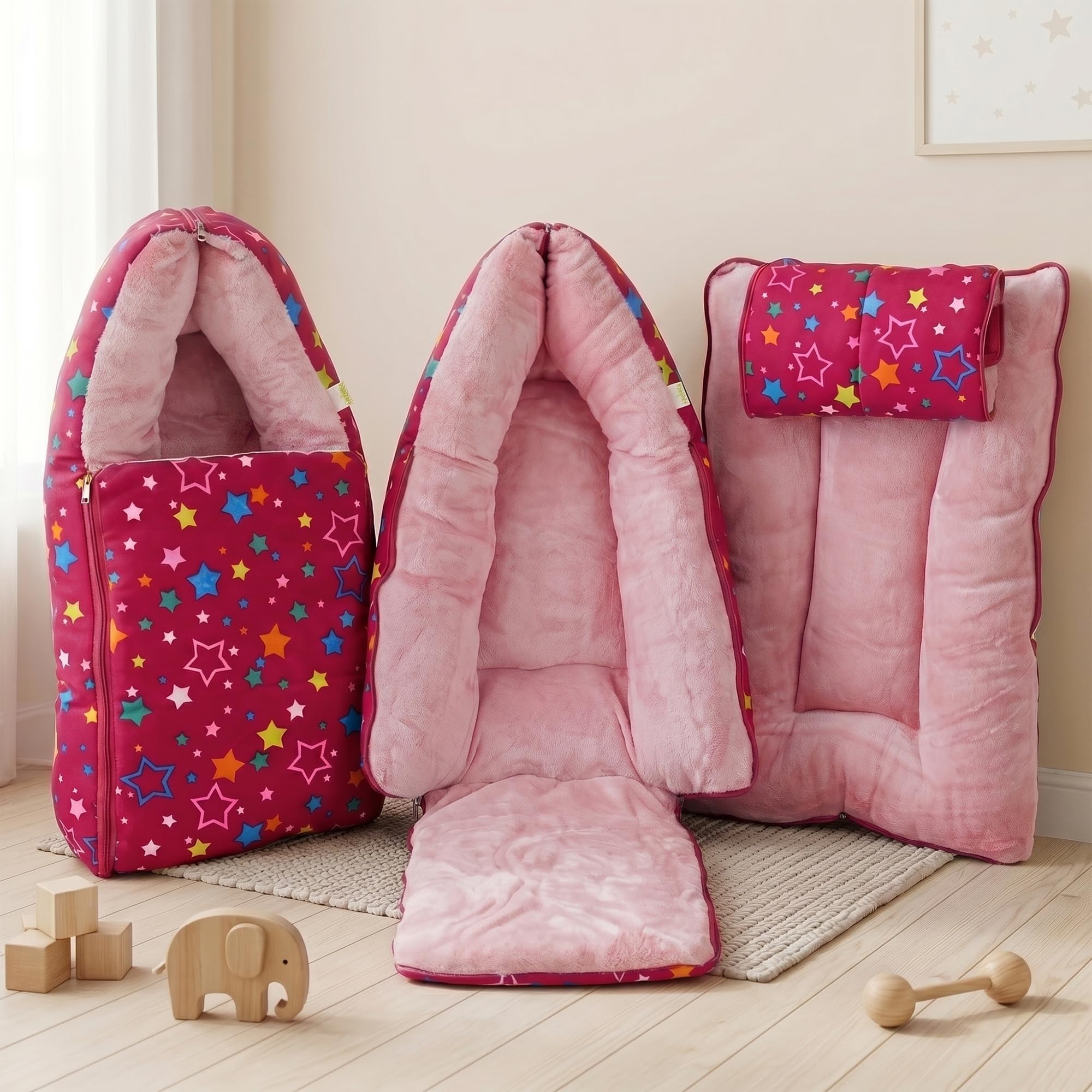 Baybee 3 in 1 Velvet Cotton Baby Bed Cum Carry Bed, Printed Baby Sleeping Bag-Baby Bed-Infant Portable Bassinet-Nest for Co-Sleeping Baby Bedding for New Born 0-6 Months Boy Girl (Pink)