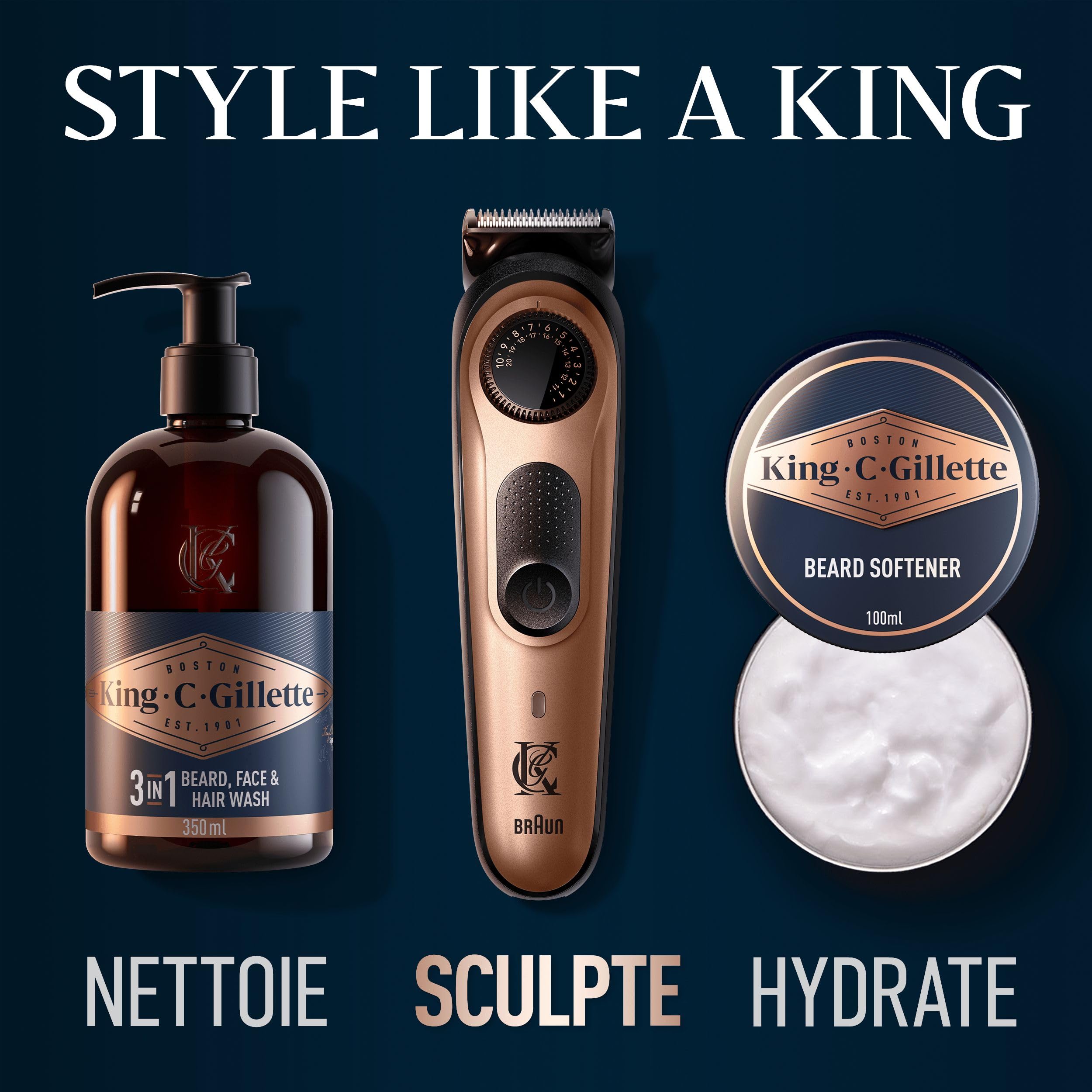 King C. Gillette Tondeuse Barbe Homme Pro, Electrique, Multicolore – sans Fil, Autonomie de 80 mins, Lames de Longue Durée, 40 Réglages de Longueur, Kit de Rasage avec 2 Sabots