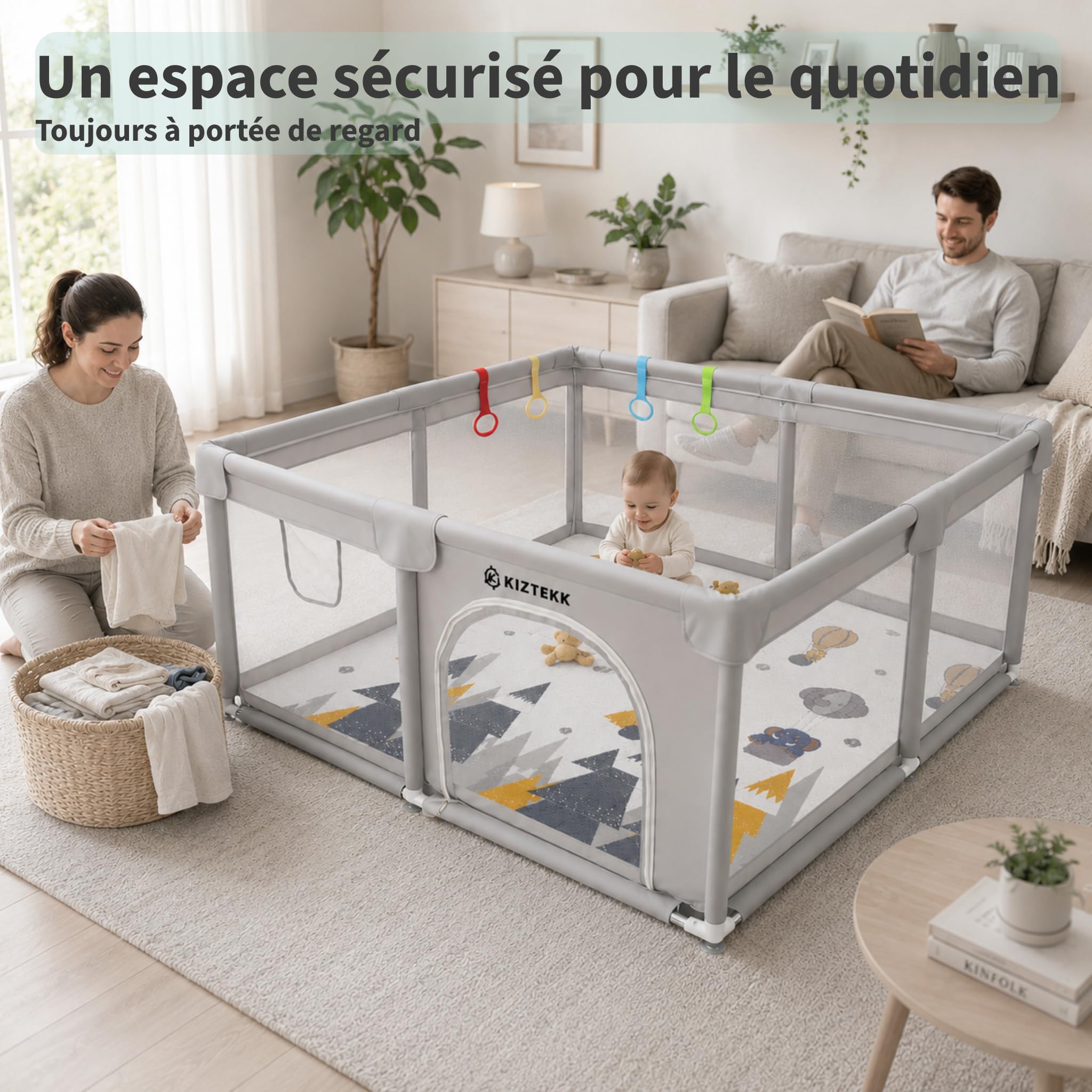 Parc Bebe 150x150 cm - Parc Bebe avec Tapis de Sol Pliable - Grand Espace Sécurisé - Protection Renforcée - Visibilité 360° - 2 Sacs de Rangement Inclus - 4 Anneaux de Soutien