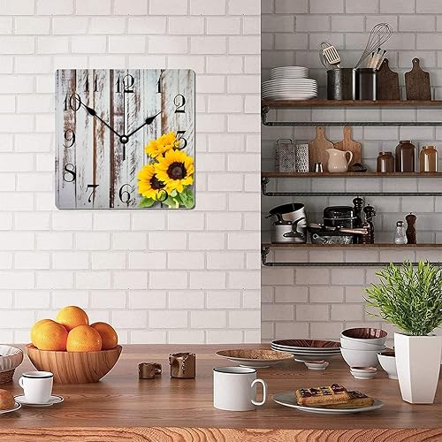 Miniatura 4 de Reloj de pared de madera con girasoles con madera rústica vintage que no hace tictac, reloj de pared cuadrado de estilo antiguo estilo campestre