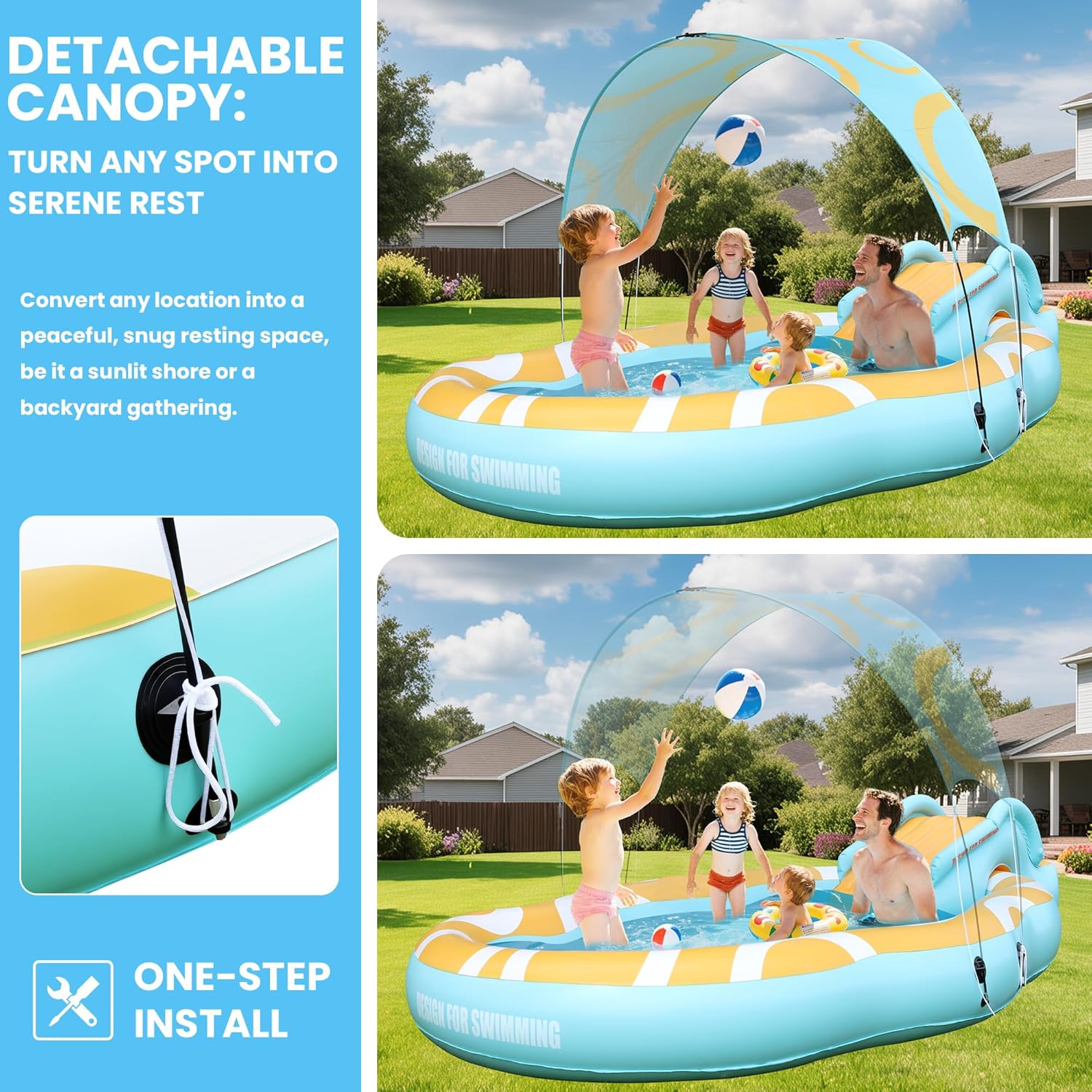 Kiddie Pool with Slide and Canopy, Inflatable Kids Pool with Slide Large Durable Thickened Toddler Pool, Backyard Water Play Center for Kids, Inflatable Water Slide for Kids Backyard (126"x72"x52")