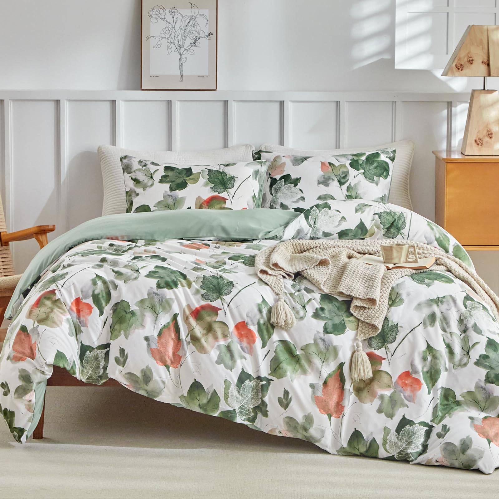 Lekesky Funda Nordica Cama 135, Funda Nordica 220x230cm con Patron de Acuarela Microfibra 3 Piezas Compuesto por 1 Funda Nordica 220x230cm + 2 Fundas de Almohada 50x75cm, Verde Arce