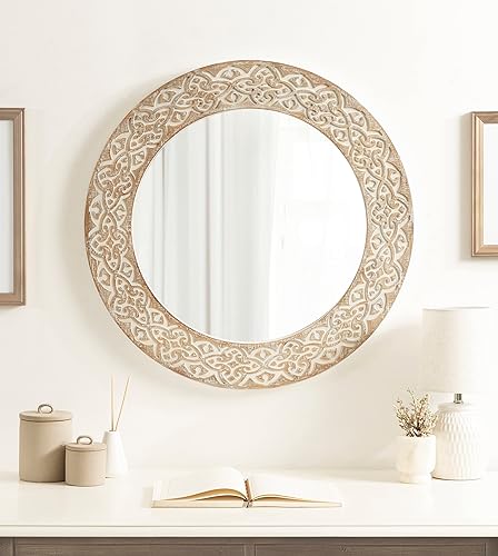 Miniatura 4 de Kate and Laurel Grabhm - Espejo redondo rústico y moderno con marco de madera grabado y acabado envejecido de dos tonos 26 pulgadas de diámetro