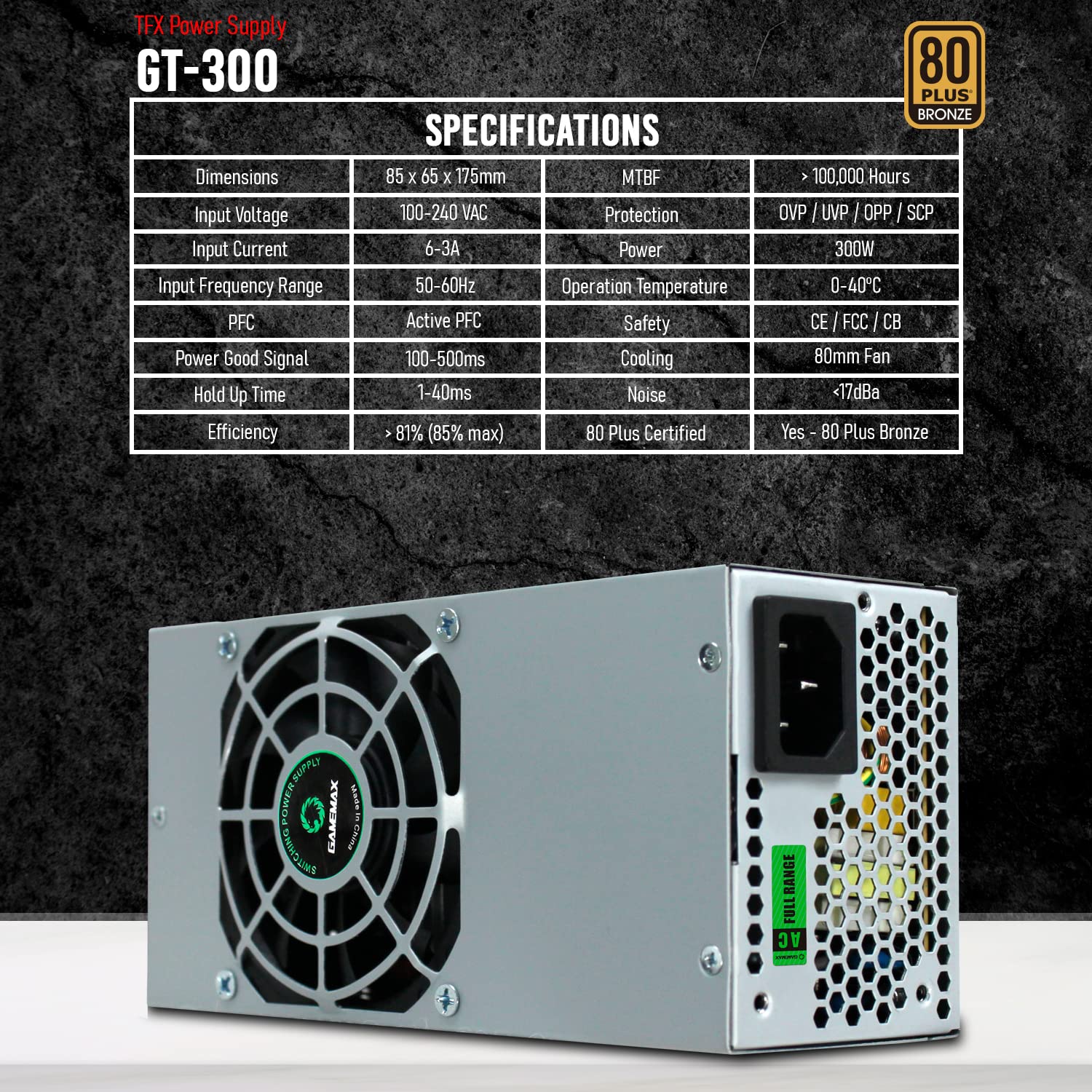 GameMax GT300 Bronze 85 Plus - Fuente de alimentación SATA, Color Negro