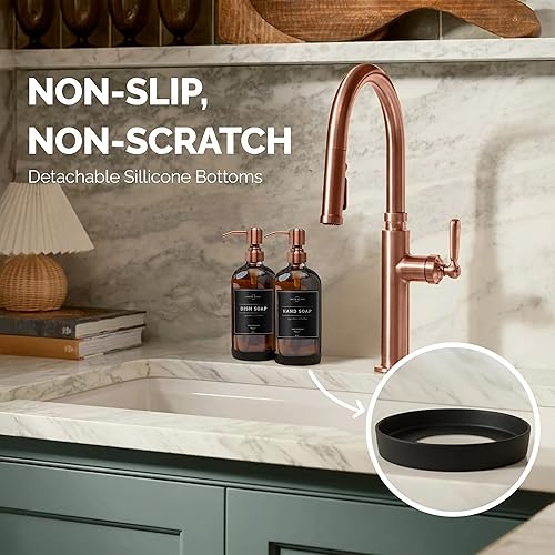 Miniatura 3 de Dispensador de jabón de vidrio ámbar de Vine Creations, juego de 2 dispensadores de jabón de cocina con bomba de acero inoxidable, dispensadores de